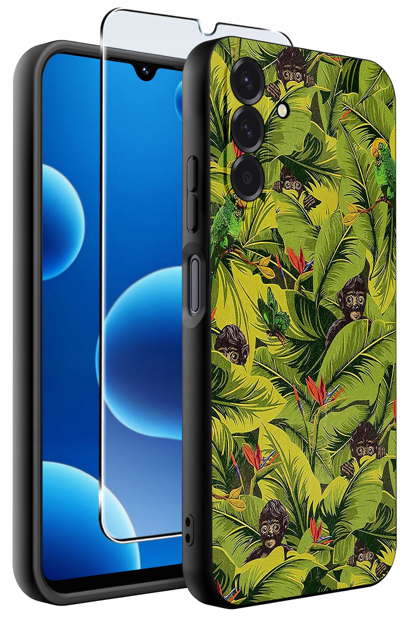 Etui na telefon z kolorowym wzorem przedstawiającym liście i małpy, obok znajduje się szkło ochronne na ekran. Etui jest silikonowe i matowe.