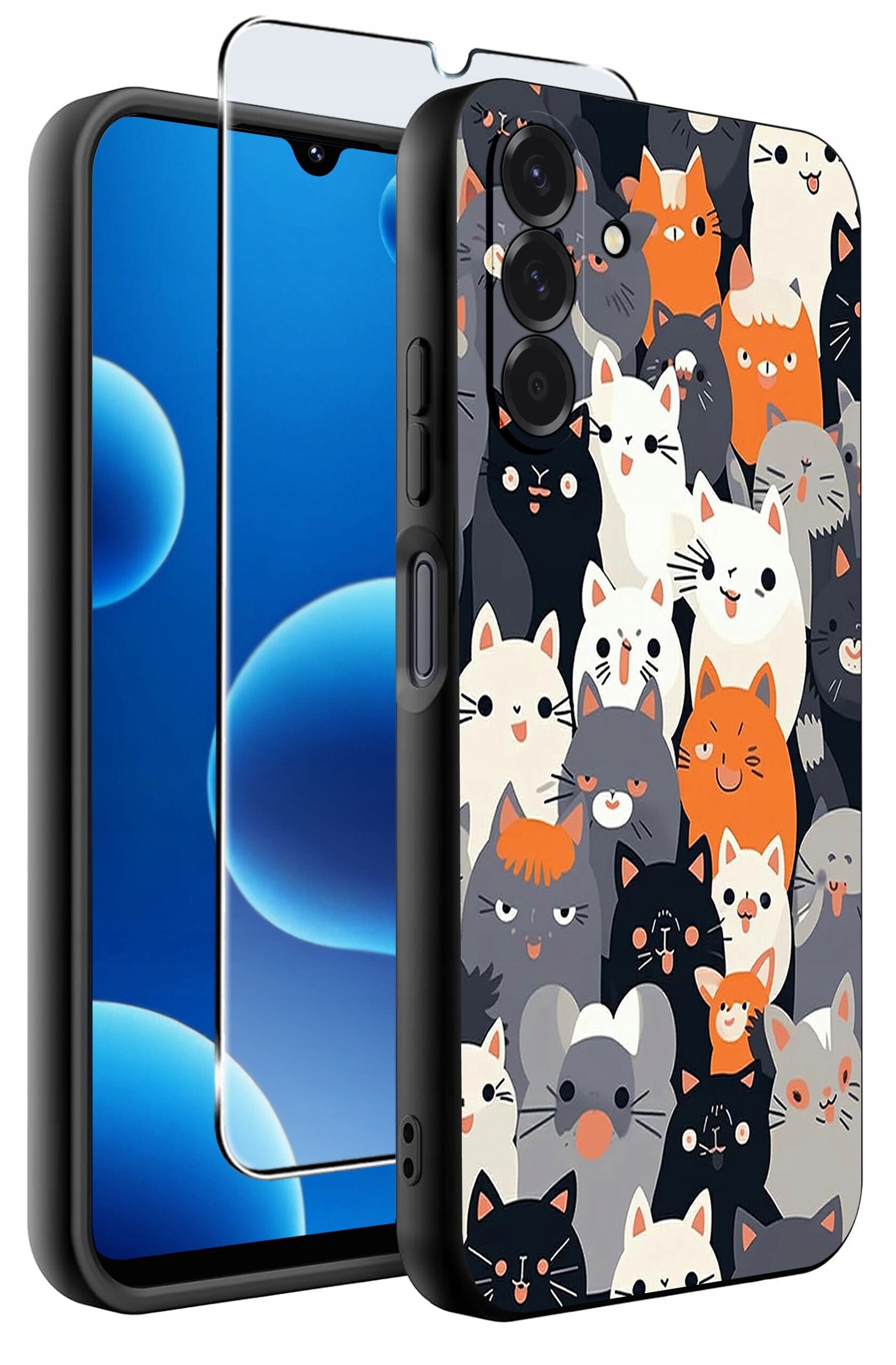Etui na telefon z kolorowym wzorem przedstawiającym różne koty oraz szkło ochronne na ekran. Etui jest silikonowe i matowe, a szkło ma oznaczenie 9H.
