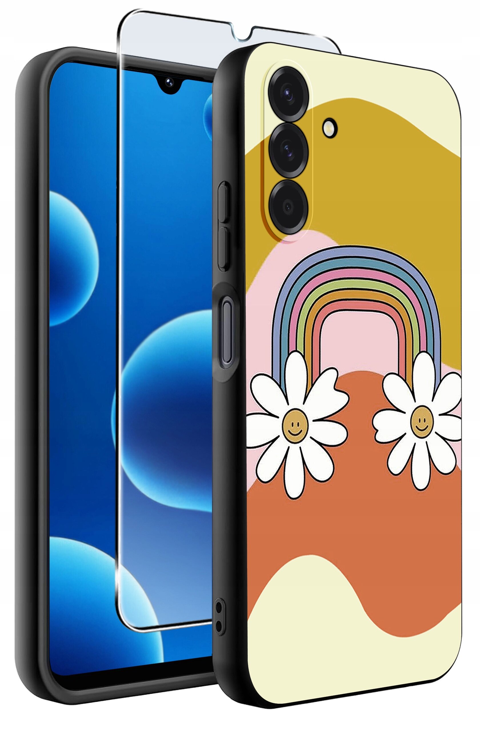 Obraz przedstawia silikonowe etui na telefon z kolorowym wzorem tęczy i kwiatów oraz szkło ochronne. Etui ma matowe wykończenie i jest przeznaczone do modelu Samsung A26 5G.
