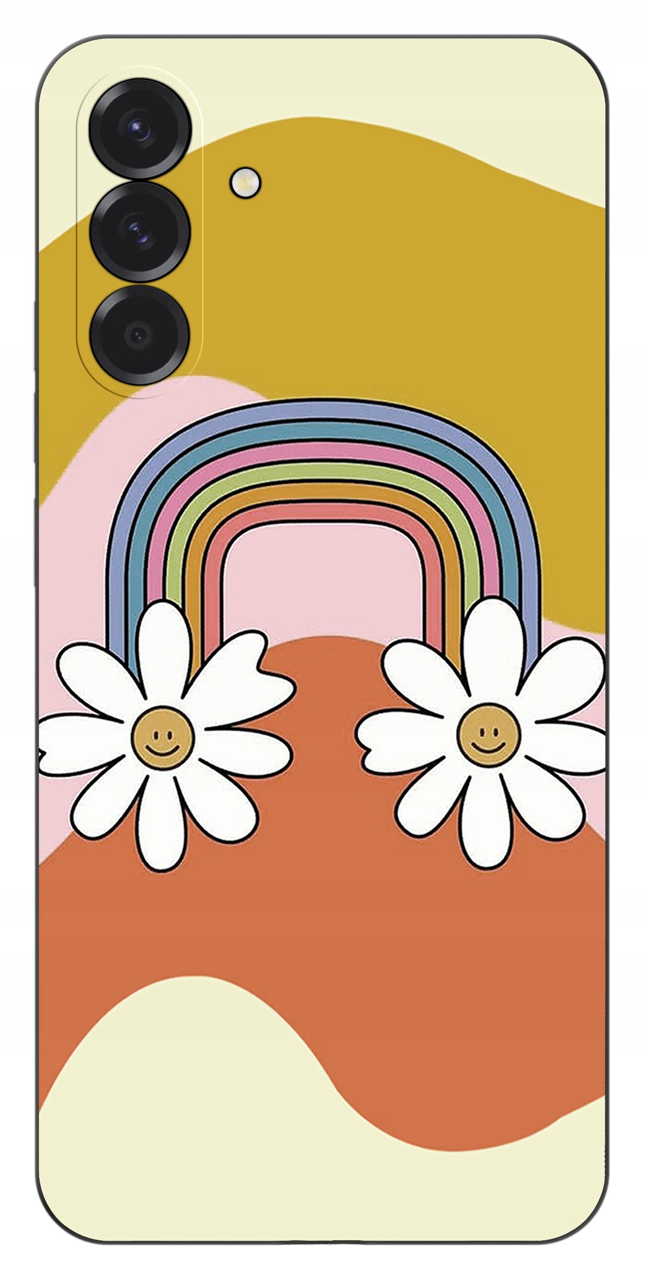 Etui na telefon z kolorowym wzorem tęczy i dwoma kwiatami z uśmiechniętymi buźkami na tle w odcieniach żółci, różu i pomarańczu. Widoczne są trzy otwory na aparaty i jeden na lampę błyskową.