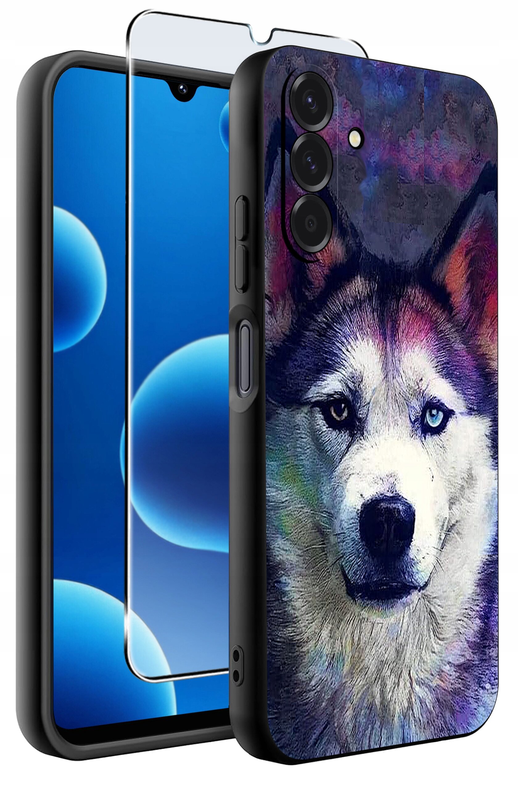 Obraz przedstawia silikonowe etui na telefon z nadrukiem psa o niebieskich oczach. Obok etui znajduje się szkło ochronne na ekran.
