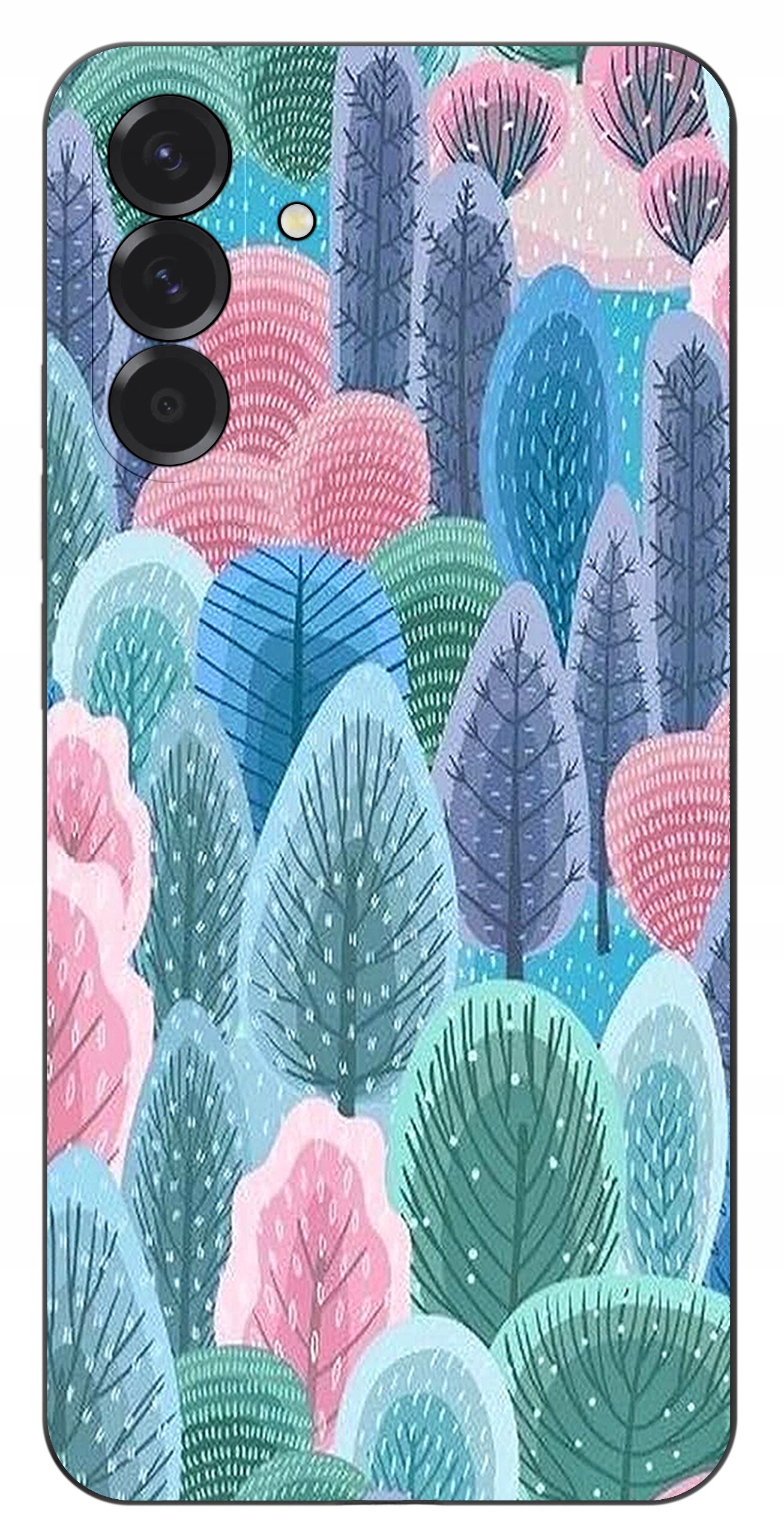 Etui na telefon z kolorowym wzorem przedstawiającym różnorodne drzewa w odcieniach różu, niebieskiego i zieleni. Widoczne są trzy otwory na aparaty oraz jeden na lampę błyskową.