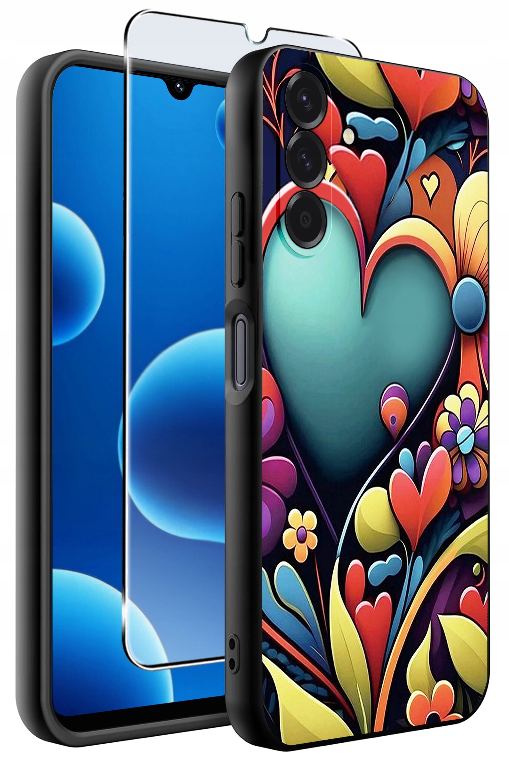 Etui na telefon z kolorowym wzorem serc i kwiatów, wykonane z matowego silikonu. Obok etui znajduje się szkło ochronne 9H.