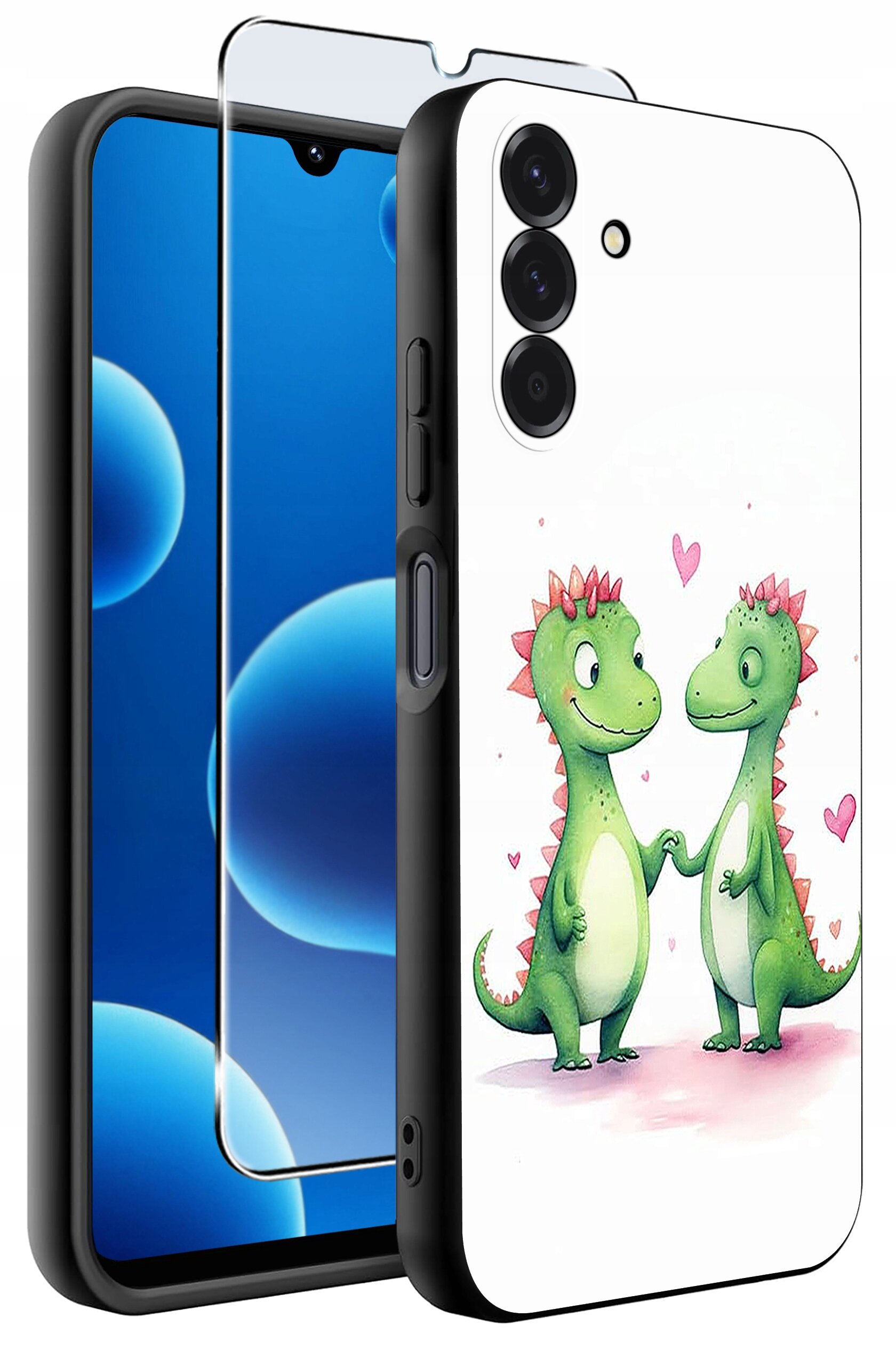 Etui na telefon z wzorem dwóch zielonych dinozaurów trzymających się za ręce, otoczonych różowymi serduszkami. Obok etui znajduje się szkło ochronne na ekran.