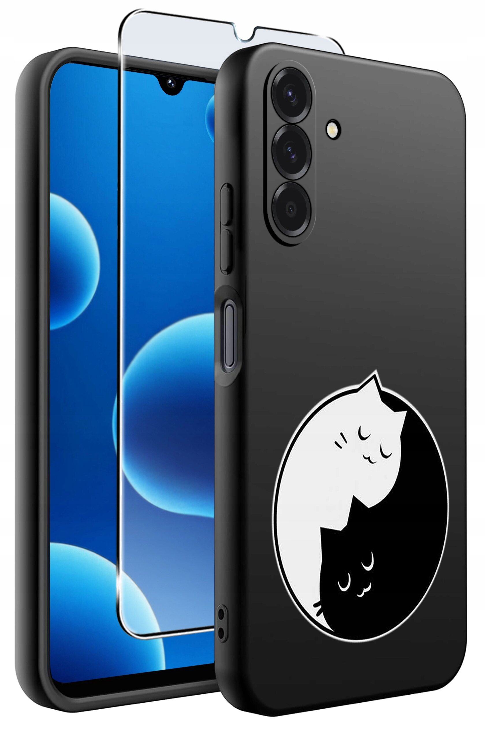 Czarne silikonowe etui na telefon z grafiką dwóch kotów w stylu yin-yang. Obok etui znajduje się szkło ochronne na ekran.