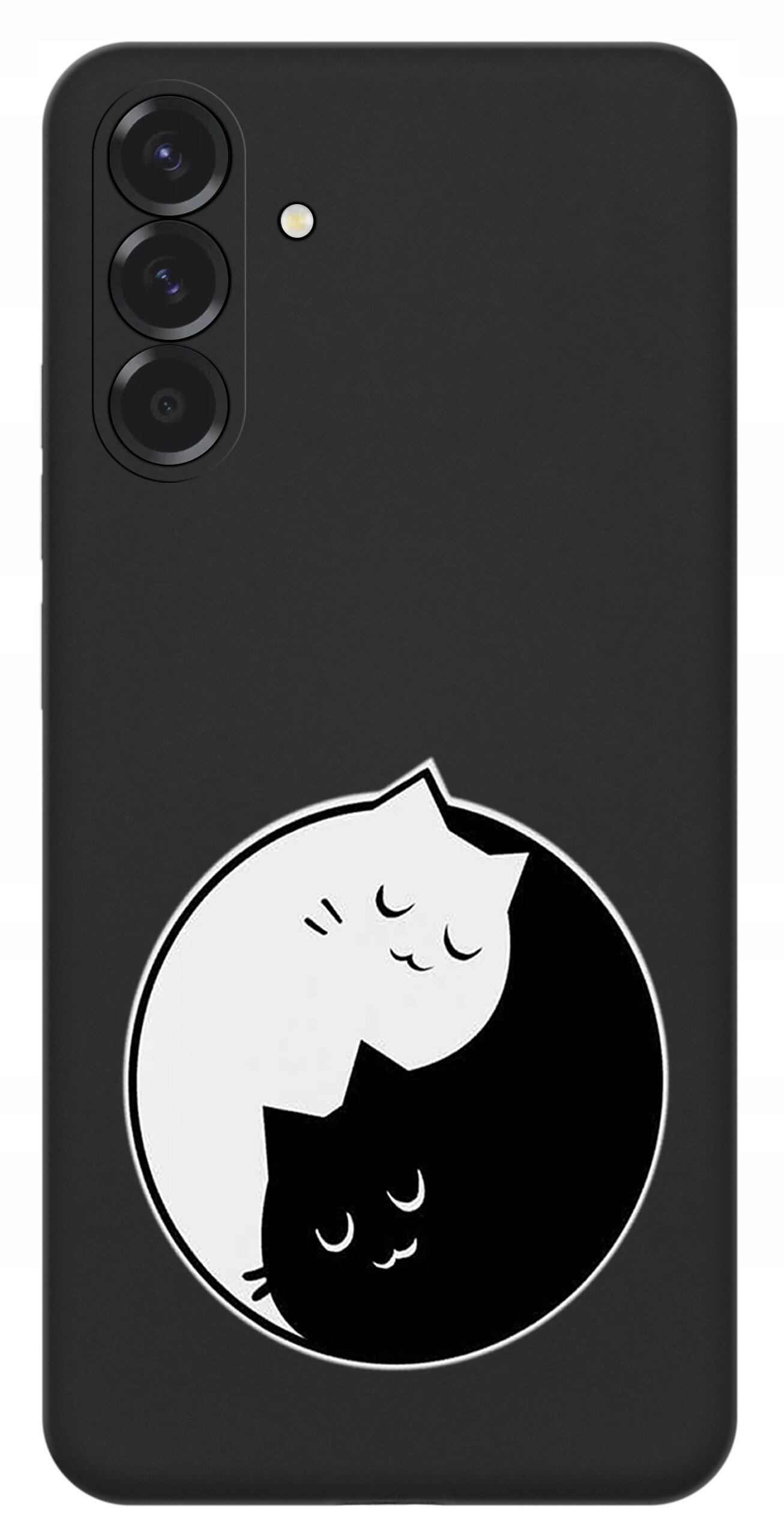 Czarne etui na telefon z trzema otworami na aparaty i wzorem dwóch kotów w stylu yin-yang na dole.