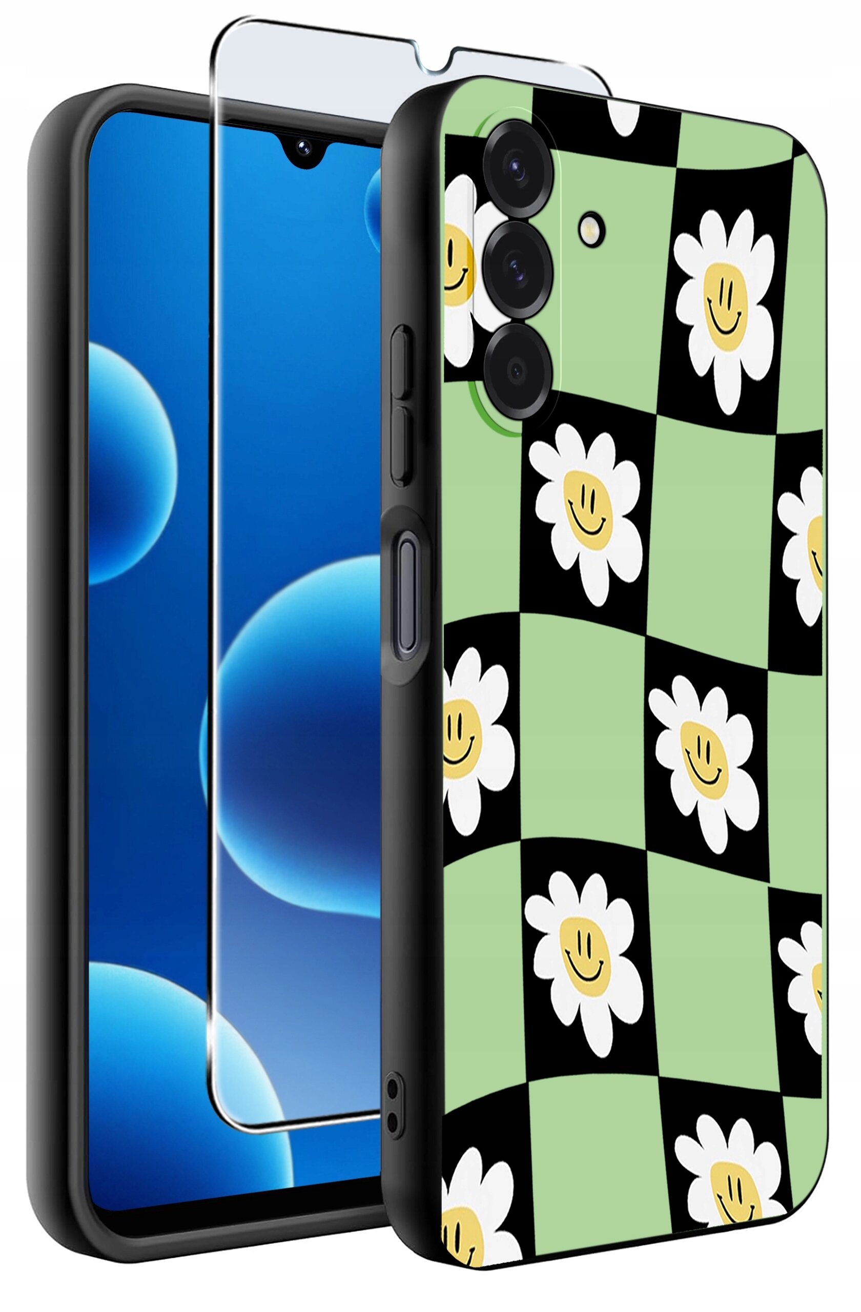 Etui na telefon z wzorem w kratkę, gdzie na zielonych i czarnych polach znajdują się białe kwiaty z uśmiechniętymi buźkami. Obok etui widoczne jest szkło ochronne na ekran.