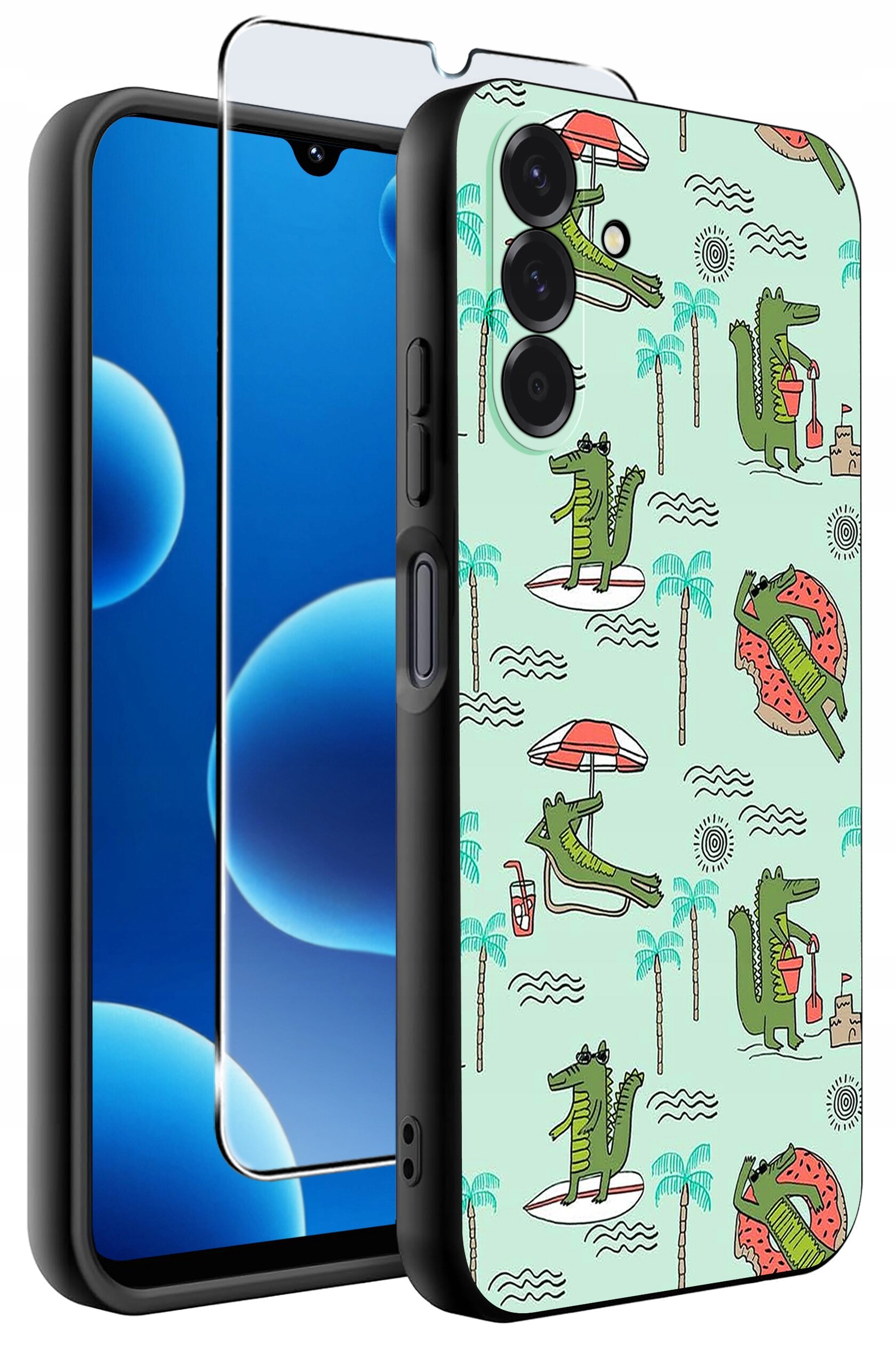 Etui na telefon z kolorowym wzorem przedstawiającym krokodyle na plaży, z parasolami i palmami. Obok etui znajduje się szkło ochronne na ekran.