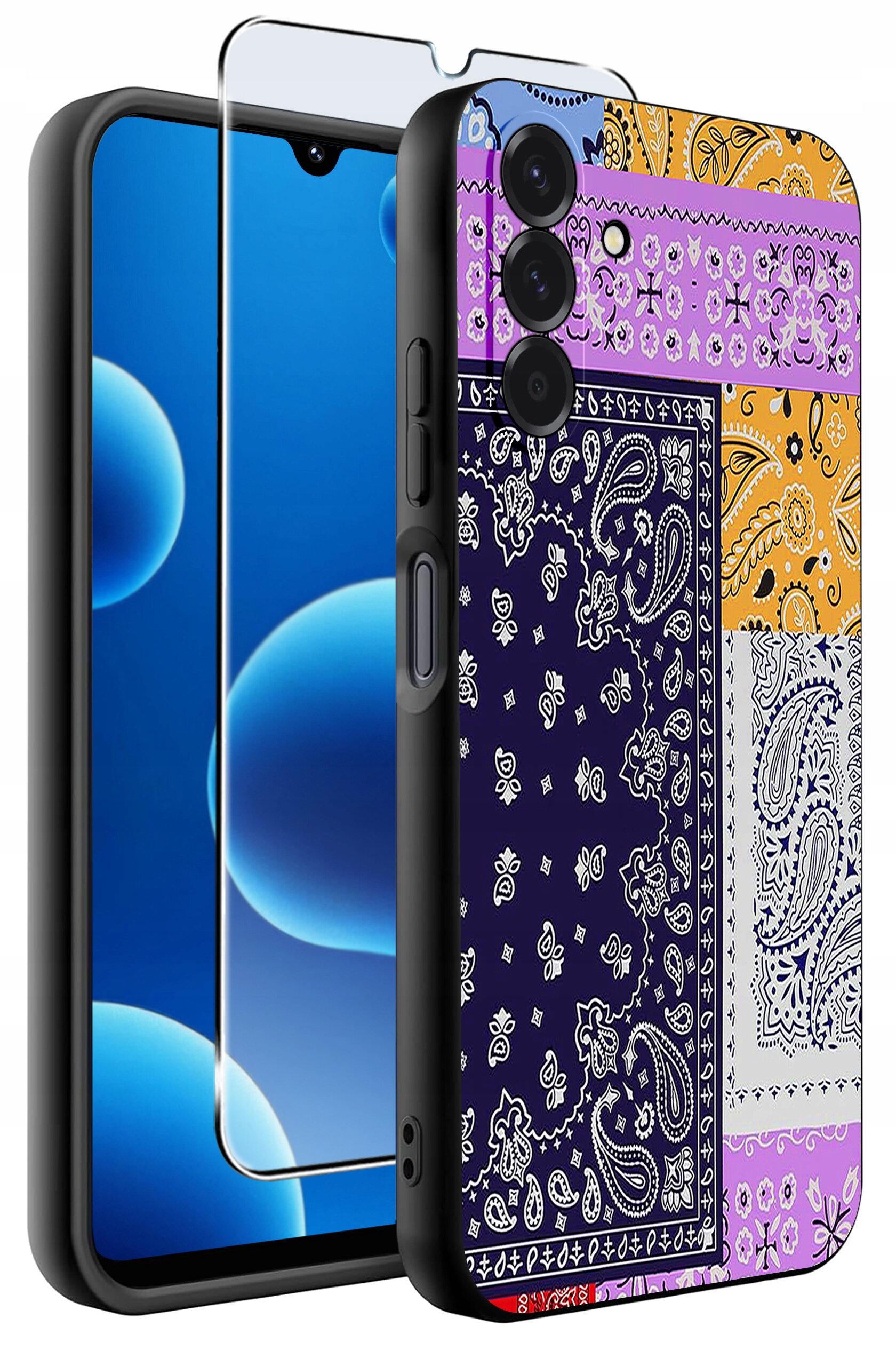 Obraz przedstawia silikonowe etui na telefon z kolorowym wzorem paisley w odcieniach fioletu, pomarańczu i granatu. Obok etui znajduje się szkło ochronne na ekran.