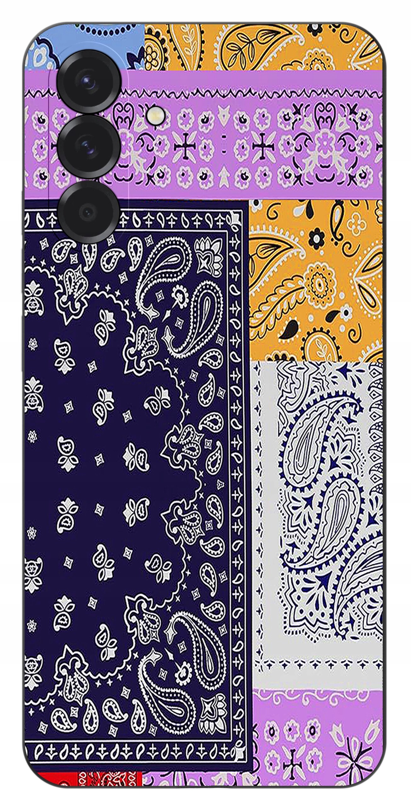 Etui na telefon z kolorowym wzorem paisley w odcieniach fioletu, pomarańczu i granatu. Widoczne są trzy otwory na aparaty fotograficzne.
