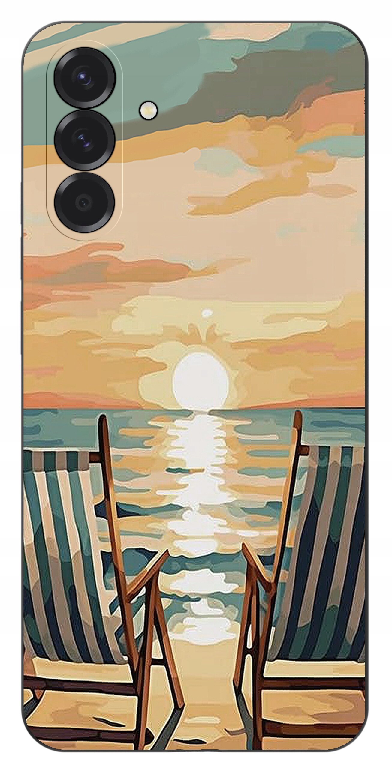Etui na telefon z wzorem przedstawiającym dwa leżaki na plaży z widokiem na zachód słońca nad morzem. Kolory dominujące to odcienie pomarańczowego, niebieskiego i zielonego.