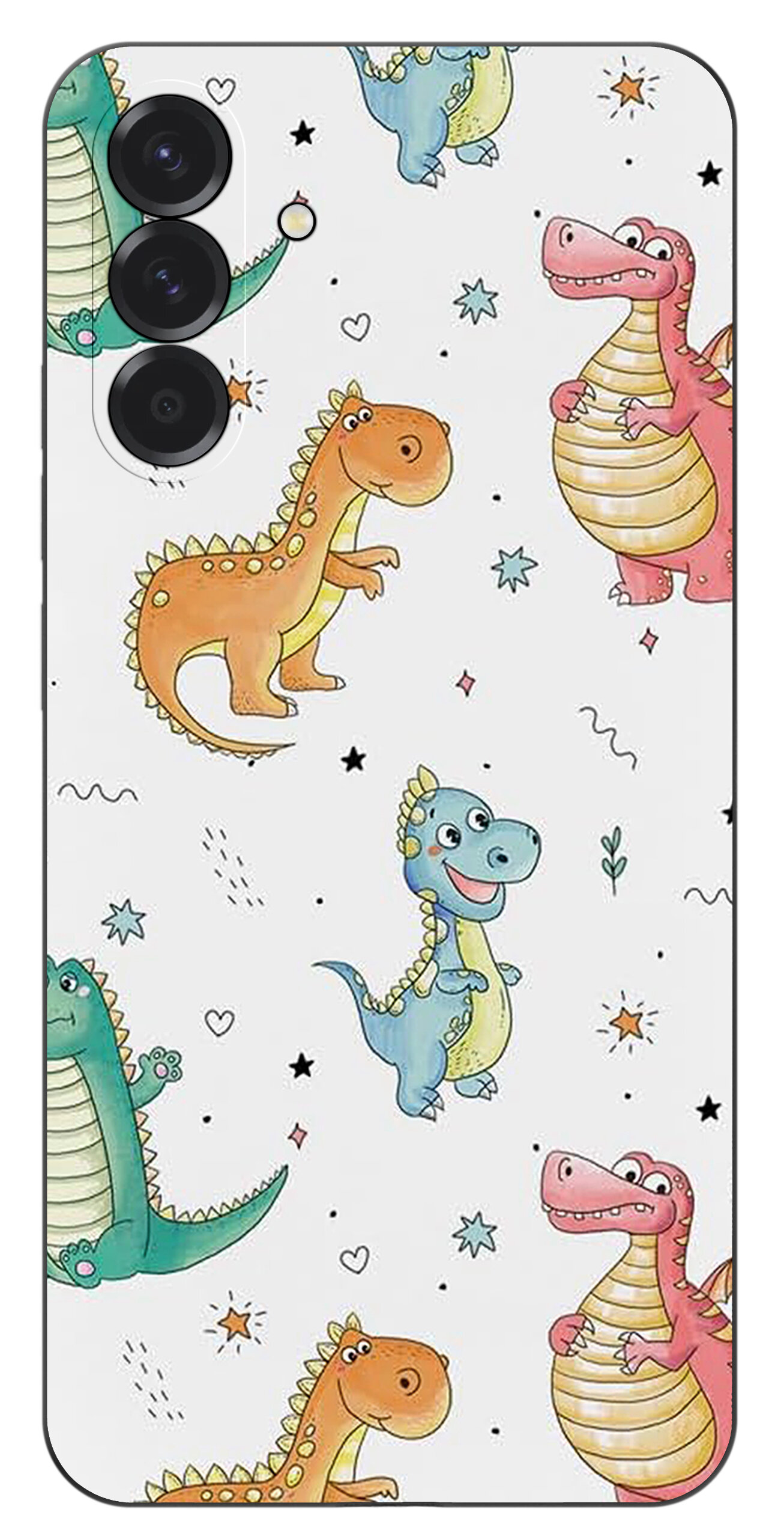 Etui na telefon z kolorowym wzorem przedstawiającym uśmiechnięte dinozaury na białym tle. Wzór zawiera różne kolory i drobne elementy dekoracyjne, takie jak gwiazdki i serduszka.