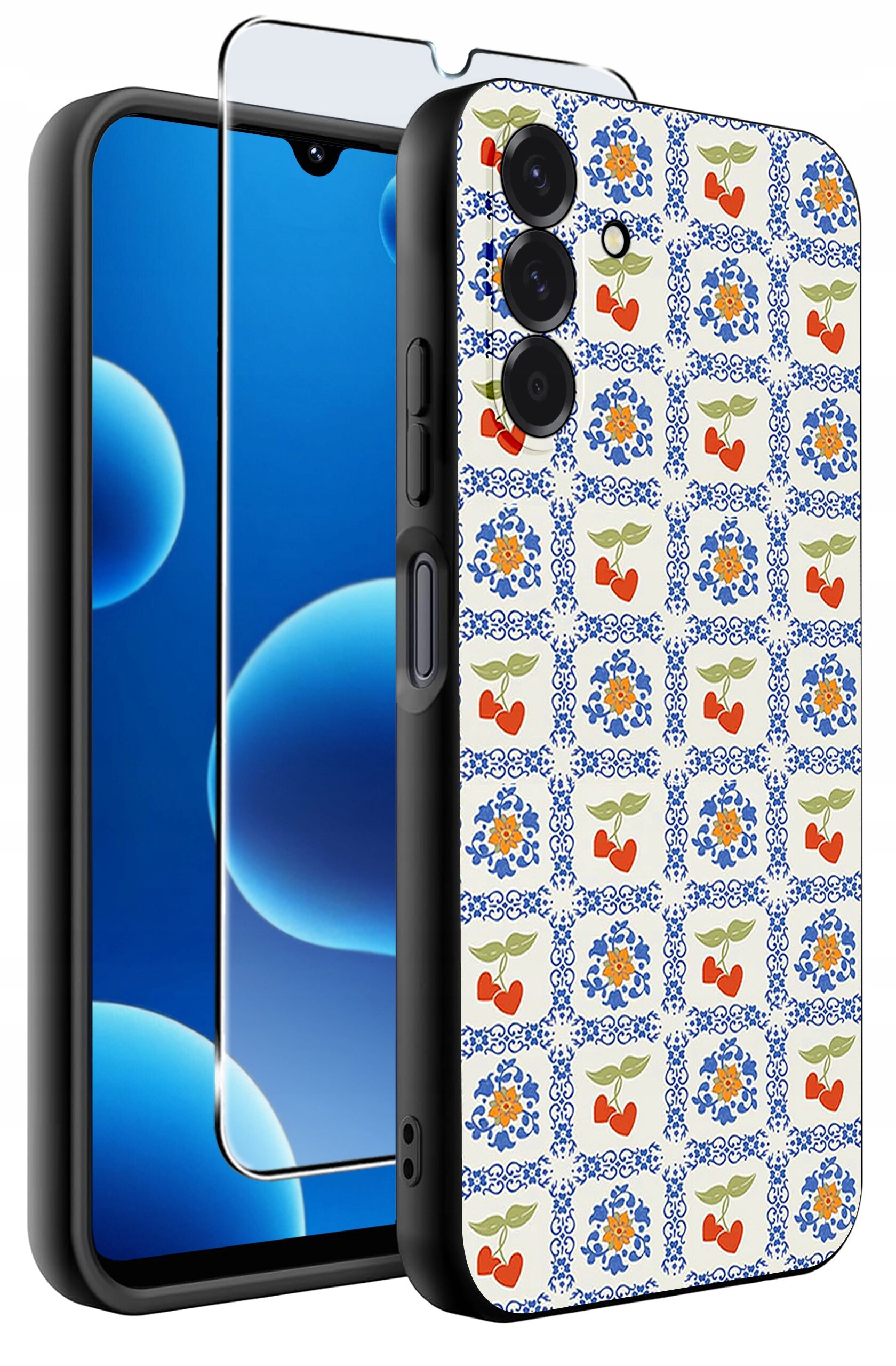 Etui na telefon z kolorowym wzorem kwiatowym i owocowym, obok znajduje się szkło ochronne na ekran.