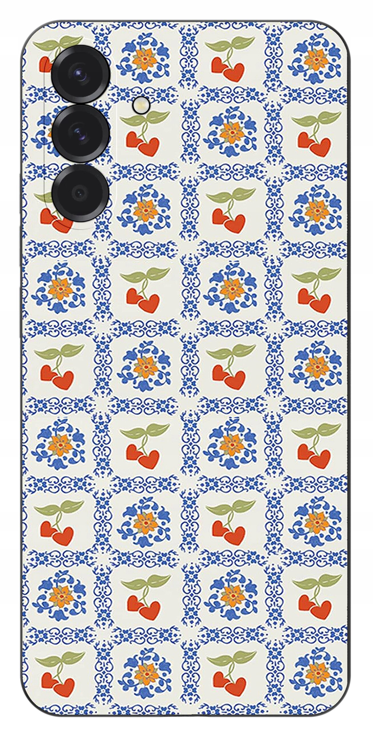 Etui na telefon z wzorem w kratkę, zawierającym motywy kwiatowe i serca w kolorach niebieskim, pomarańczowym i zielonym. Widoczne są trzy otwory na aparaty fotograficzne.