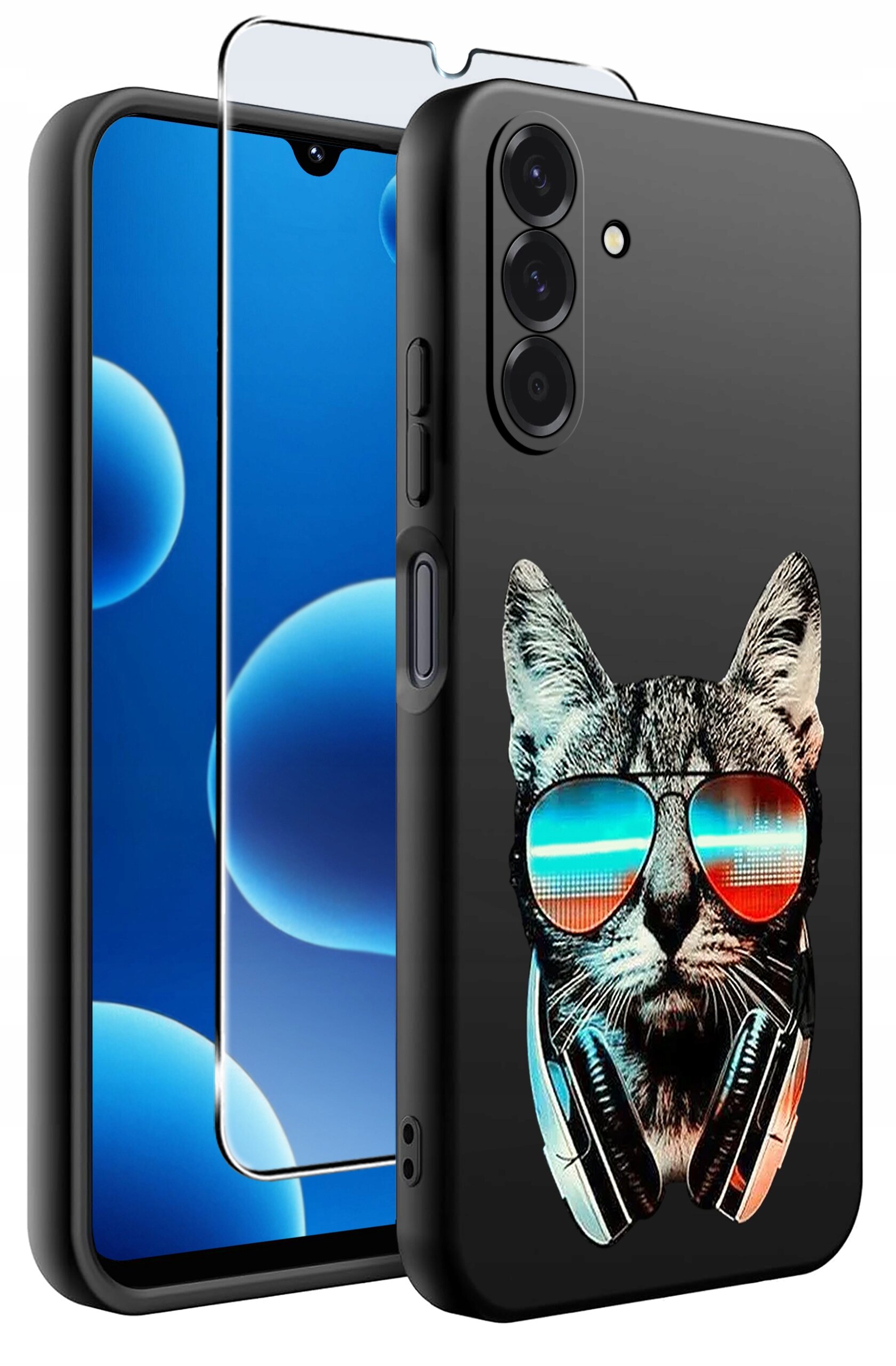 Na obrazie widoczne jest czarne etui na telefon z nadrukiem kota w okularach przeciwsłonecznych i słuchawkach. Obok etui znajduje się szkło ochronne na ekran telefonu.