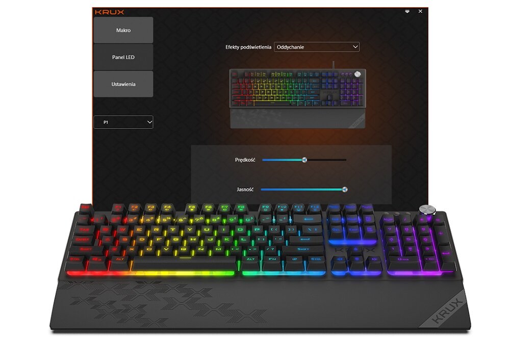 Na obrazie widoczna jest klawiatura z podświetleniem RGB oraz ekran z ustawieniami efektów podświetlenia. Na ekranie znajdują się opcje: \'Makro\', \'Panel LED\', \'Ustawienia\', a także suwaki do regulacji prędkości i jasności.