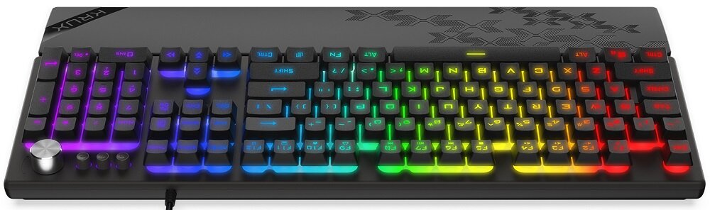Klawiatura z podświetleniem RGB, z widocznymi klawiszami w różnych kolorach: niebieskim, zielonym, żółtym i czerwonym. Na obudowie znajduje się logo \'KRUX\'.