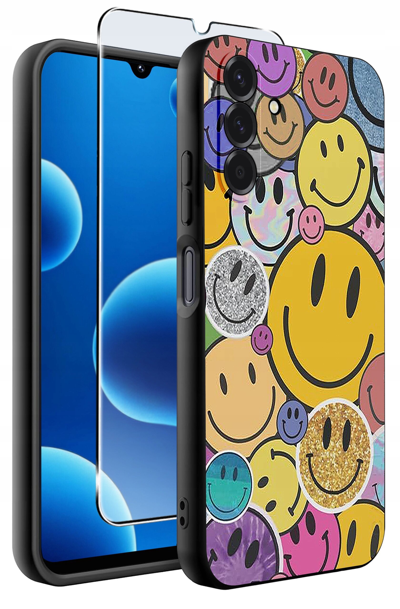Etui na telefon z kolorowymi wzorami uśmiechniętych buziek oraz szkło ochronne na ekran. Etui jest silikonowe i ma matowe wykończenie.