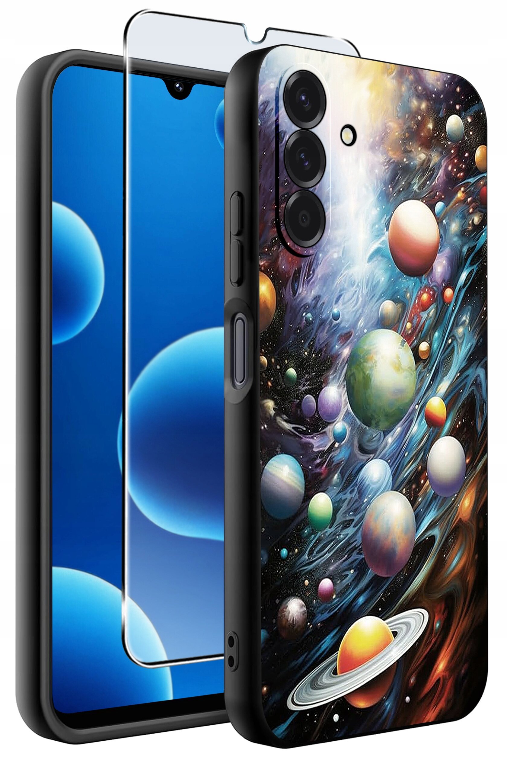 Obraz przedstawia silikonowe etui na telefon z kolorowym wzorem planet na tle kosmosu oraz szkło ochronne 9H. Etui ma wycięcia na przyciski i aparat.