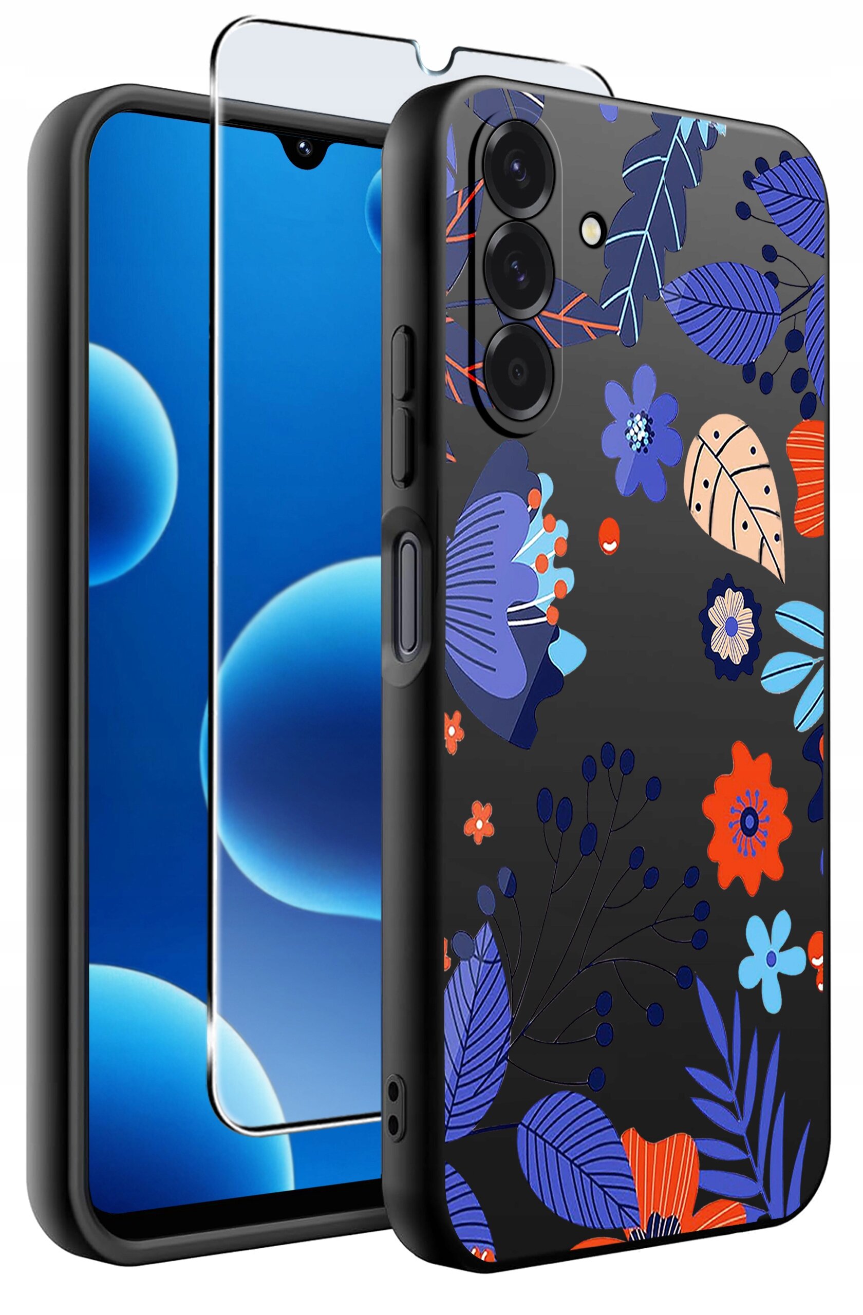 Obraz przedstawia silikonowe etui na telefon z kolorowym wzorem kwiatowym oraz szkło ochronne. Etui ma ciemne tło z motywami liści i kwiatów w odcieniach niebieskiego, pomarańczowego i fioletowego.