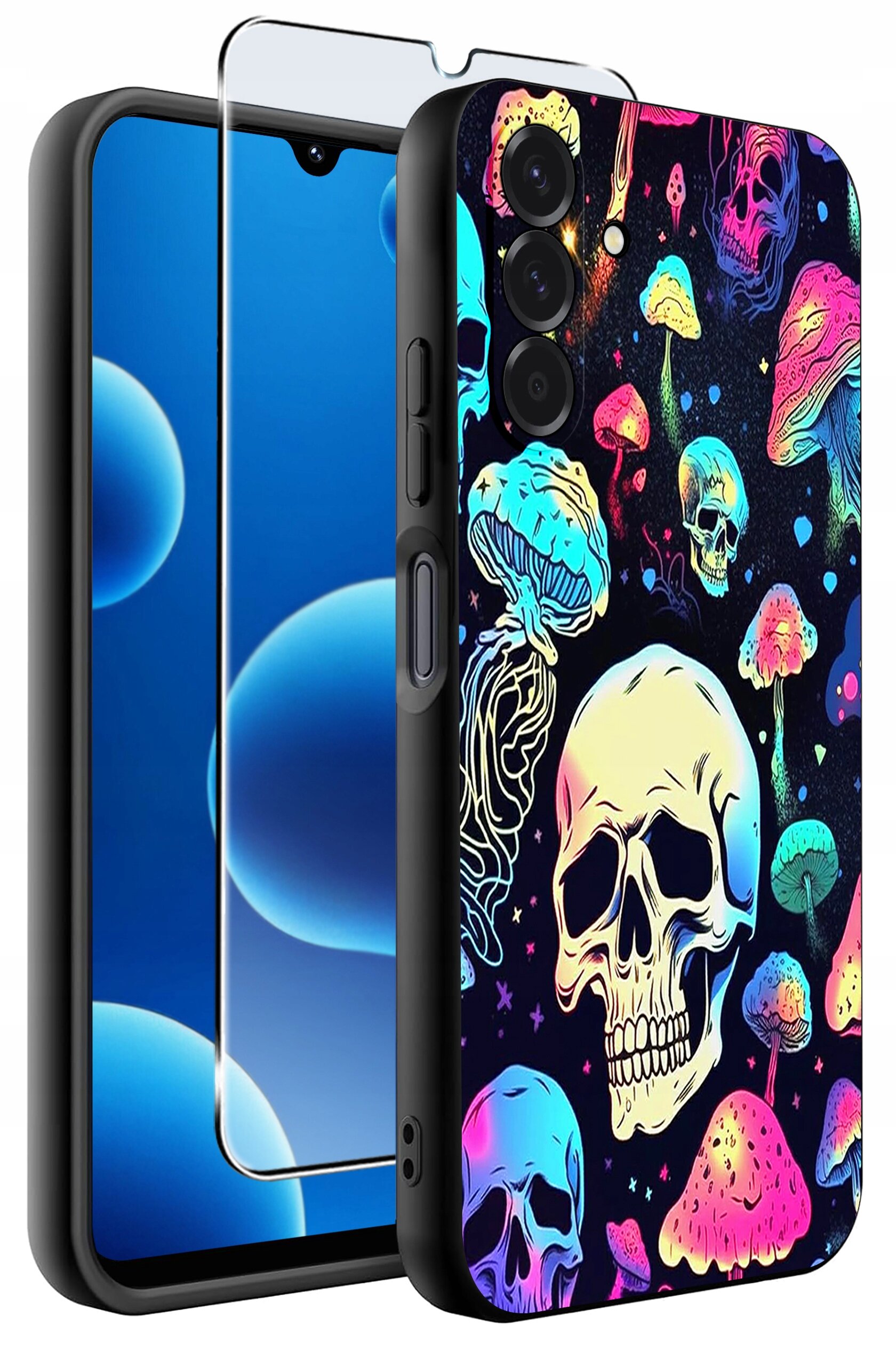 Etui na telefon z kolorowym wzorem czaszek i grzybów, wykonane z matowego silikonu. Obok etui znajduje się szkło ochronne na ekran.