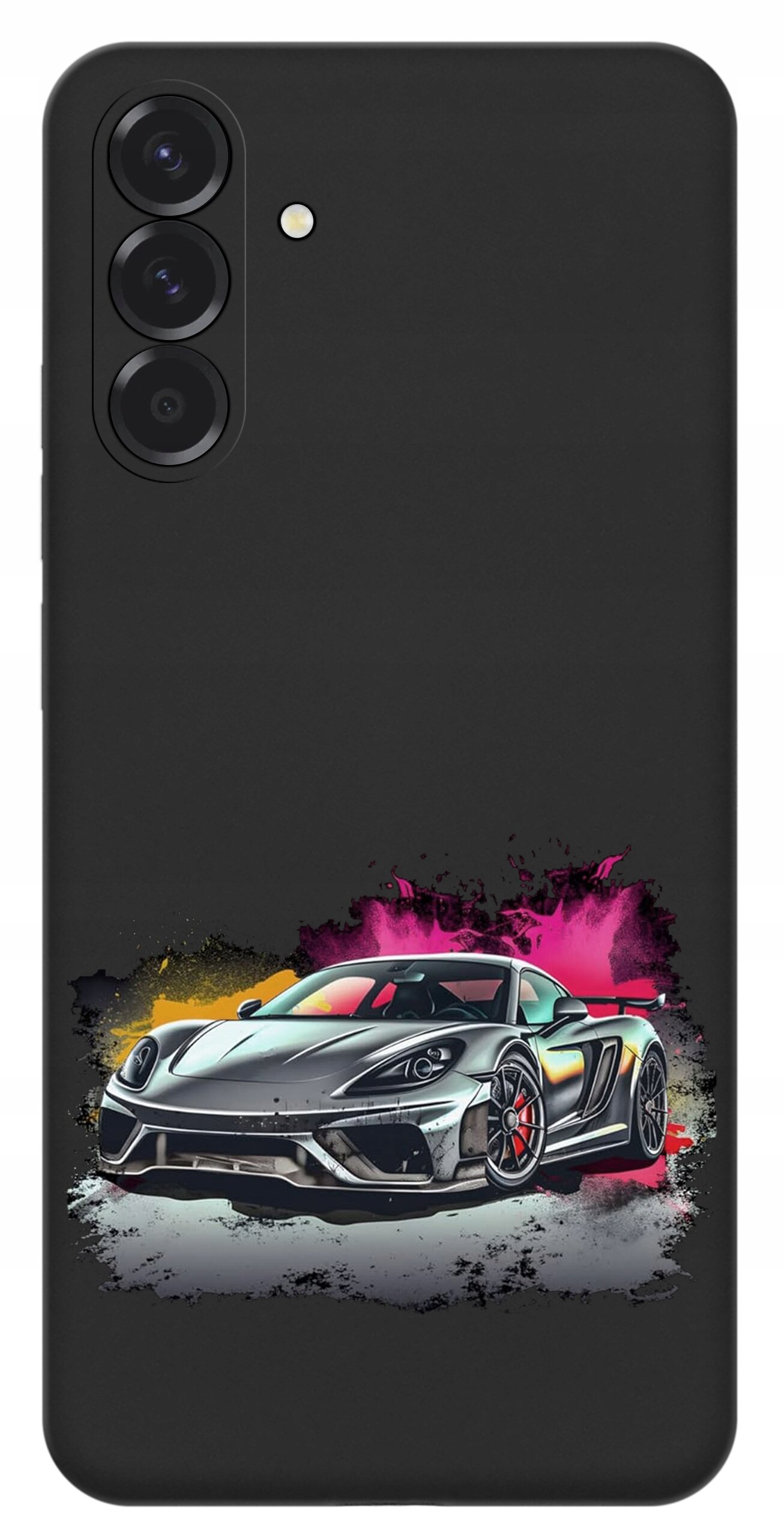 Czarne etui na telefon z nadrukiem sportowego samochodu na tle kolorowych plam. Etui posiada wycięcia na trzy obiektywy aparatu i lampę błyskową.