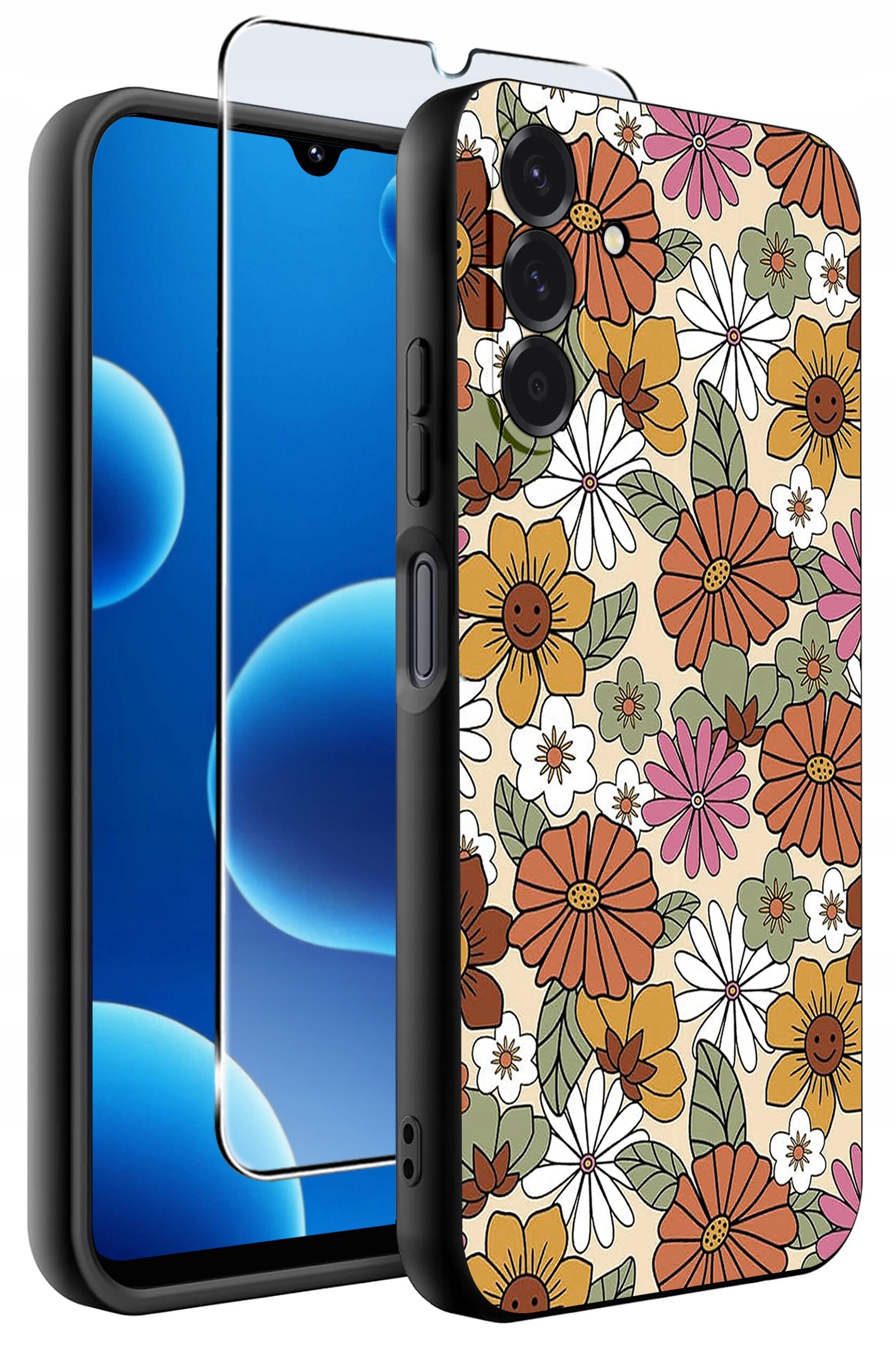 Etui na telefon z kolorowym wzorem kwiatów oraz przezroczyste szkło ochronne. Etui ma trzy otwory na aparaty i boczne przyciski.