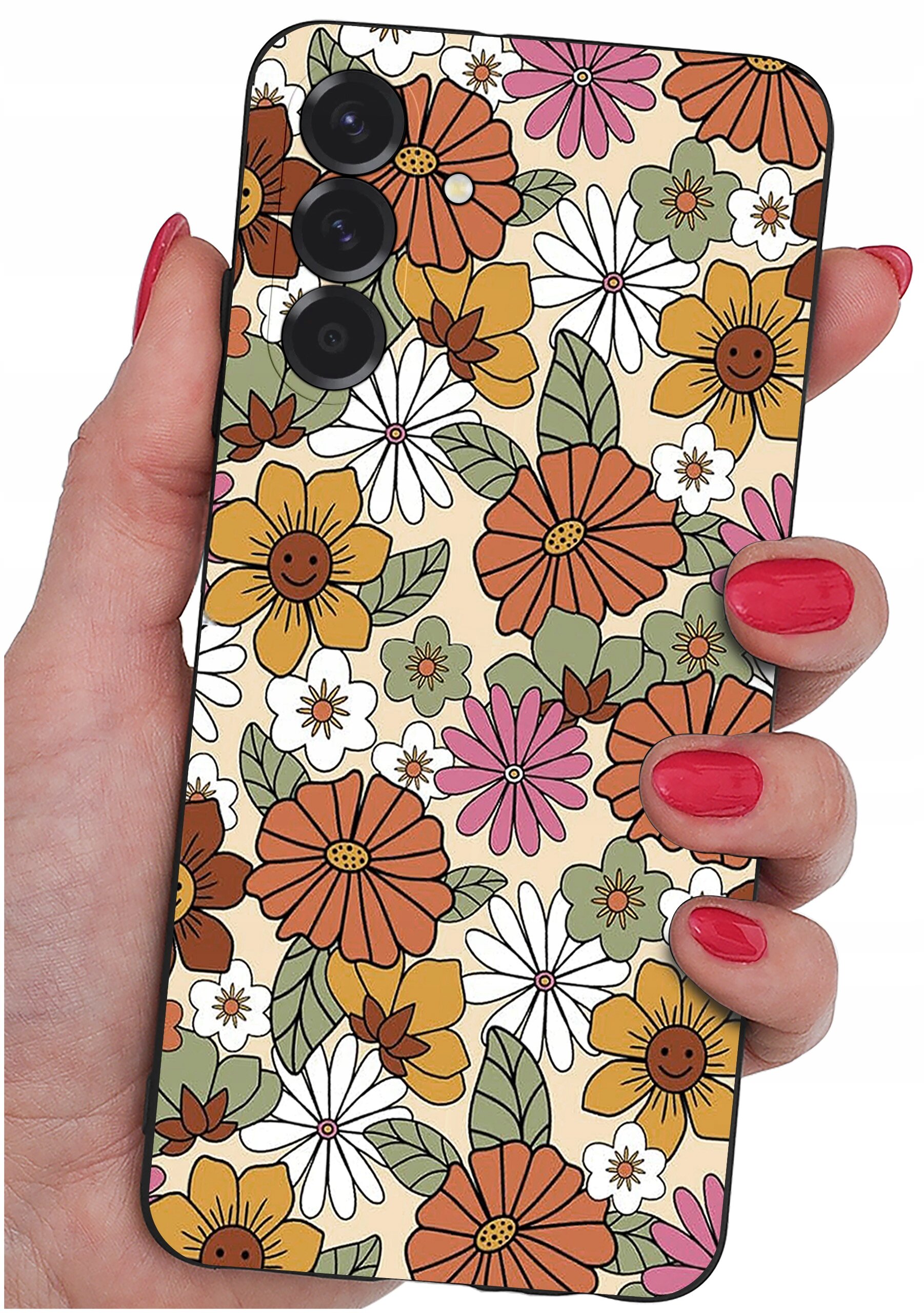 Etui na telefon z kolorowym wzorem kwiatów w odcieniach pomarańczowego, różowego, białego i zielonego, trzymane w dłoni z pomalowanymi na czerwono paznokciami.