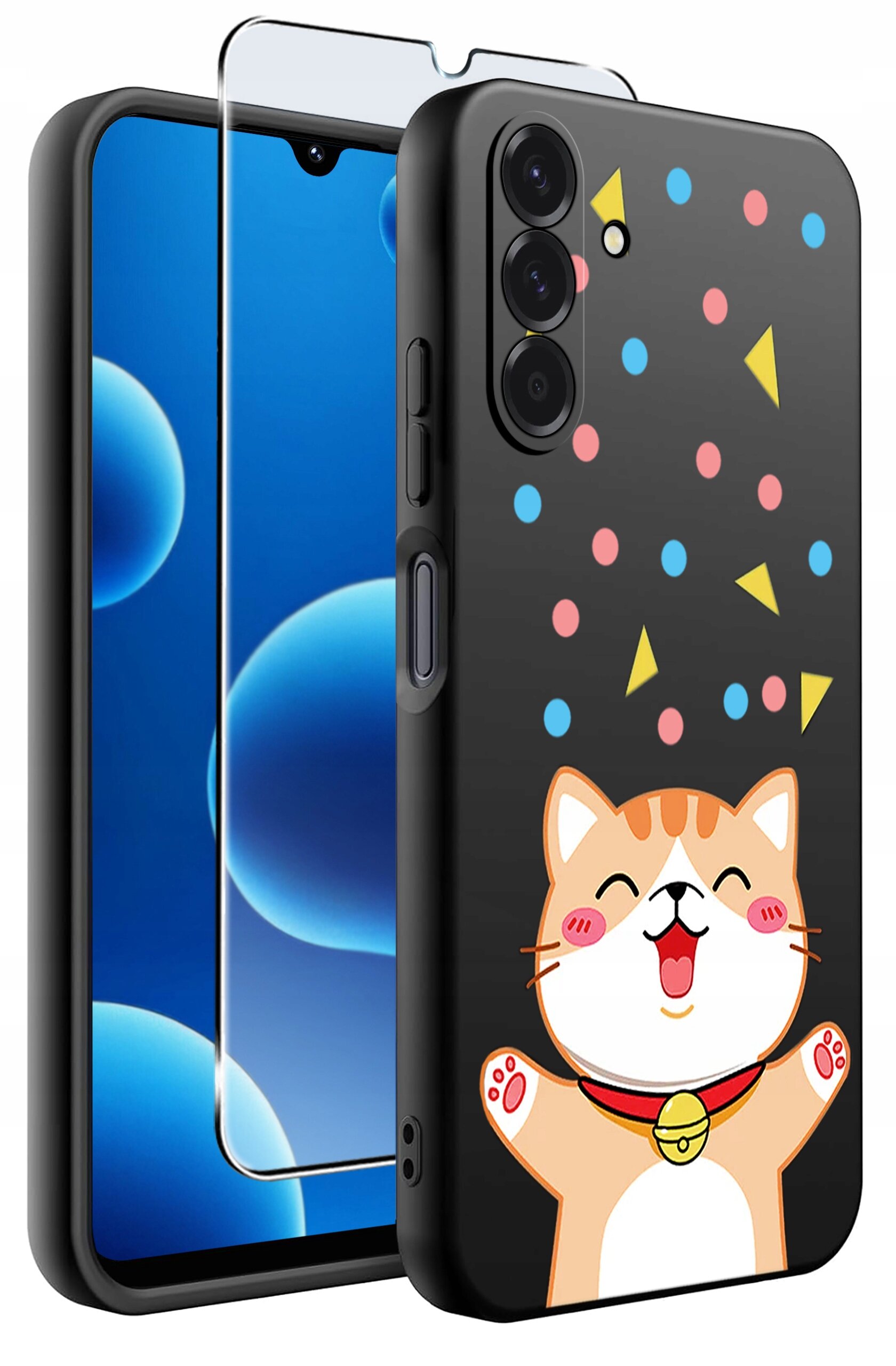 Etui na telefon z rysunkiem uśmiechniętego kota oraz kolorowymi kropkami i trójkątami na czarnym tle. Obok znajduje się szkło ochronne na ekran.