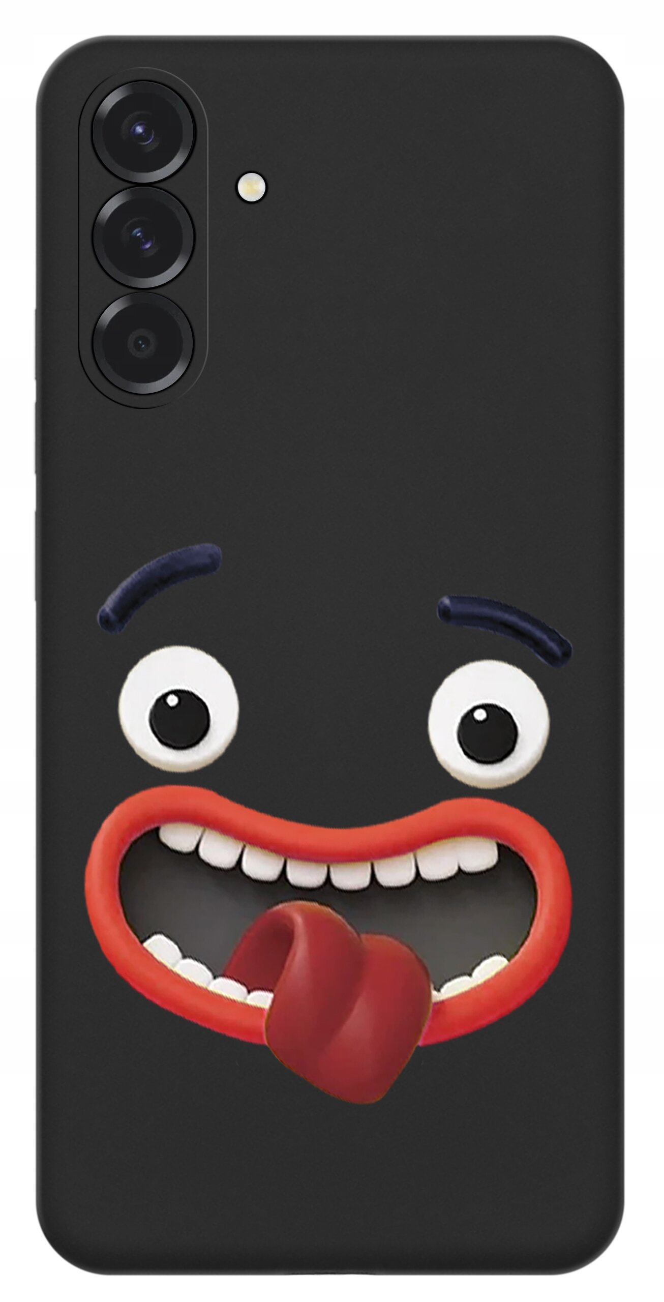 Czarne etui na telefon z nadrukiem uśmiechniętej twarzy z wystawionym językiem i dużymi oczami. Etui posiada wycięcia na trzy obiektywy aparatu i lampę błyskową.