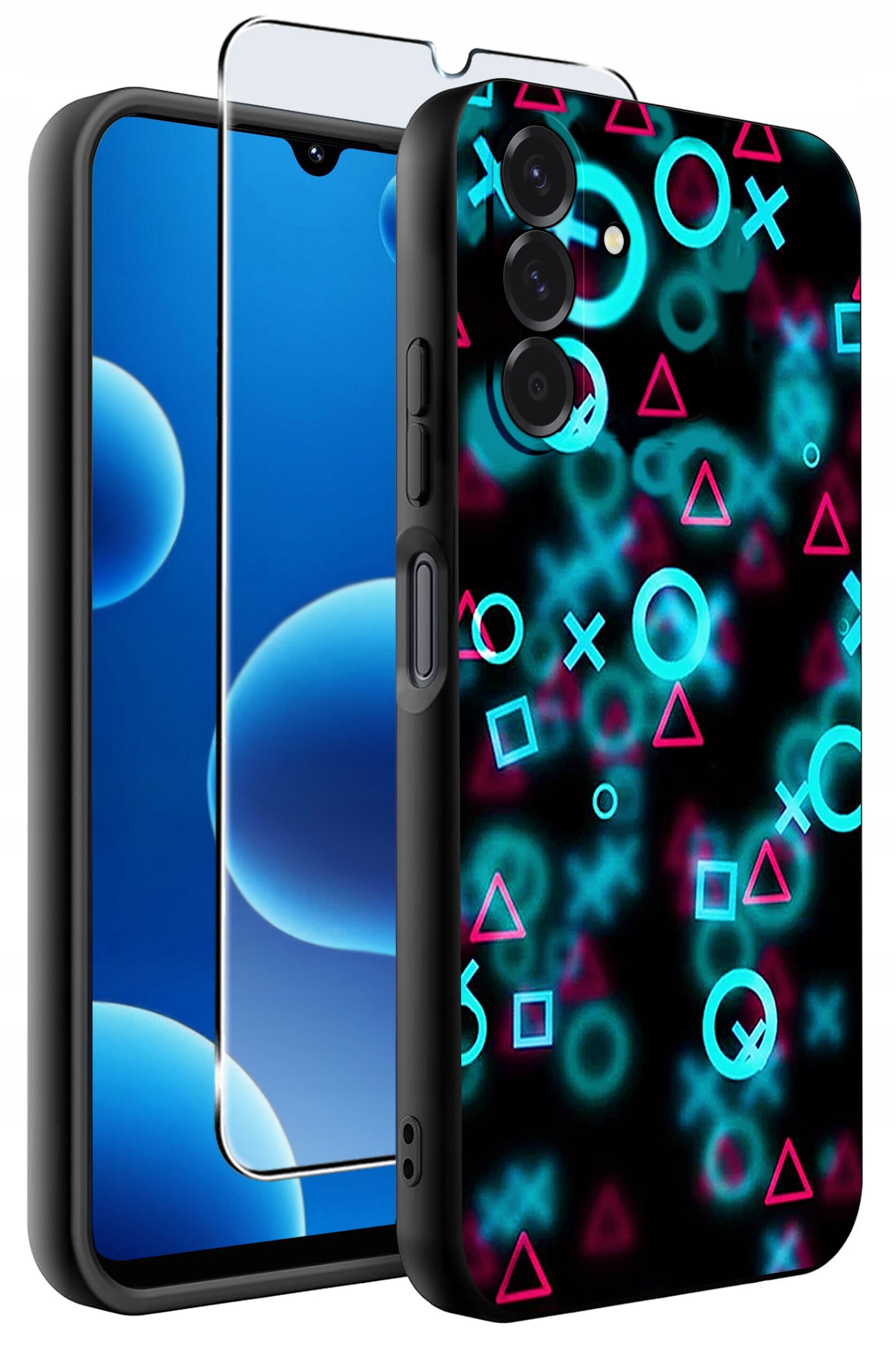 Obraz przedstawia silikonowe etui na telefon z kolorowymi wzorami geometrycznymi oraz szkło ochronne. Etui ma czarne tło z różowymi i niebieskimi symbolami kół, krzyżyków, kwadratów i trójkątów.