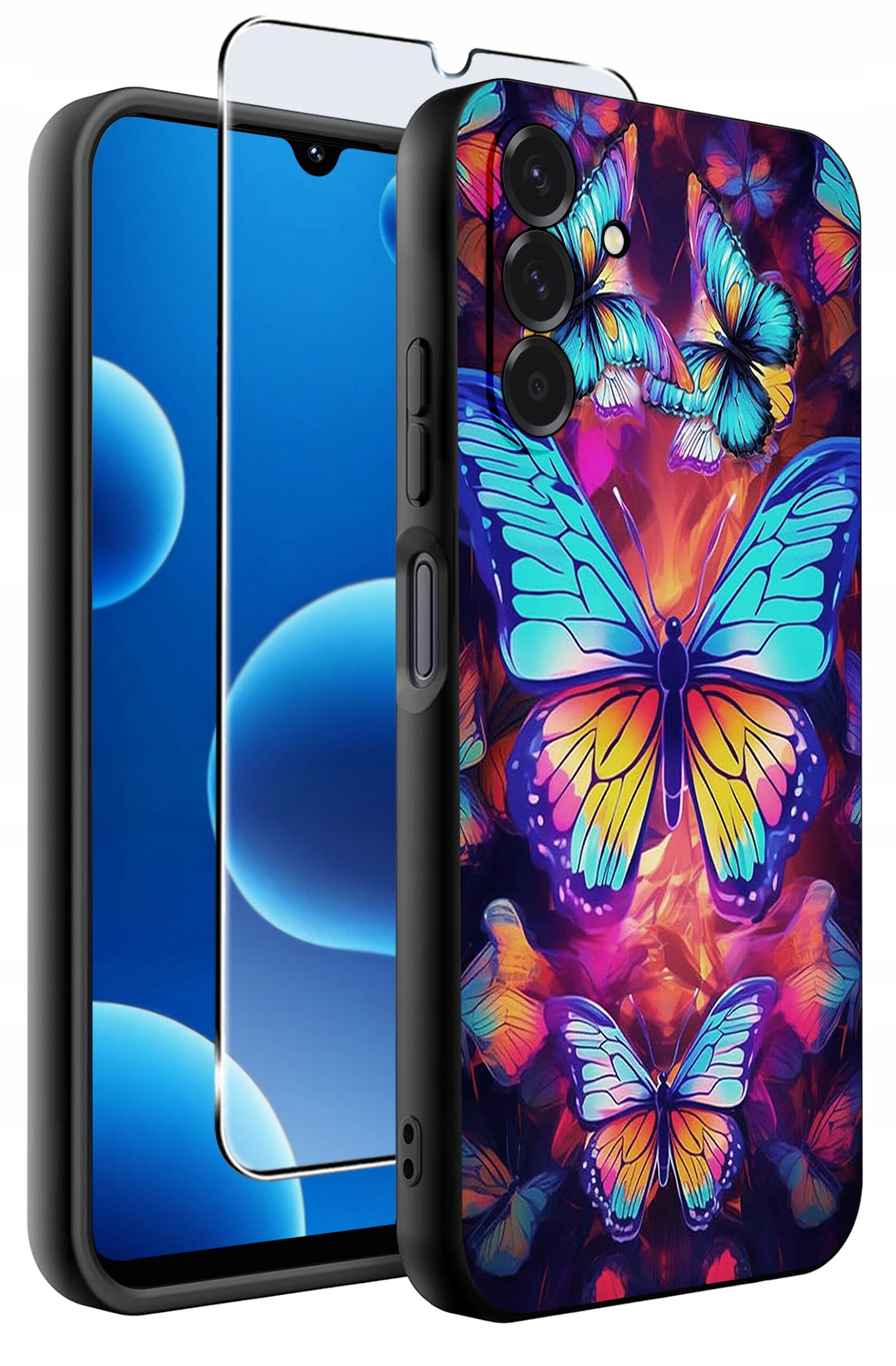Obraz przedstawia silikonowe etui na telefon z kolorowym wzorem motyli oraz szkło ochronne. Etui ma intensywne barwy, głównie niebieskie, fioletowe i pomarańczowe.