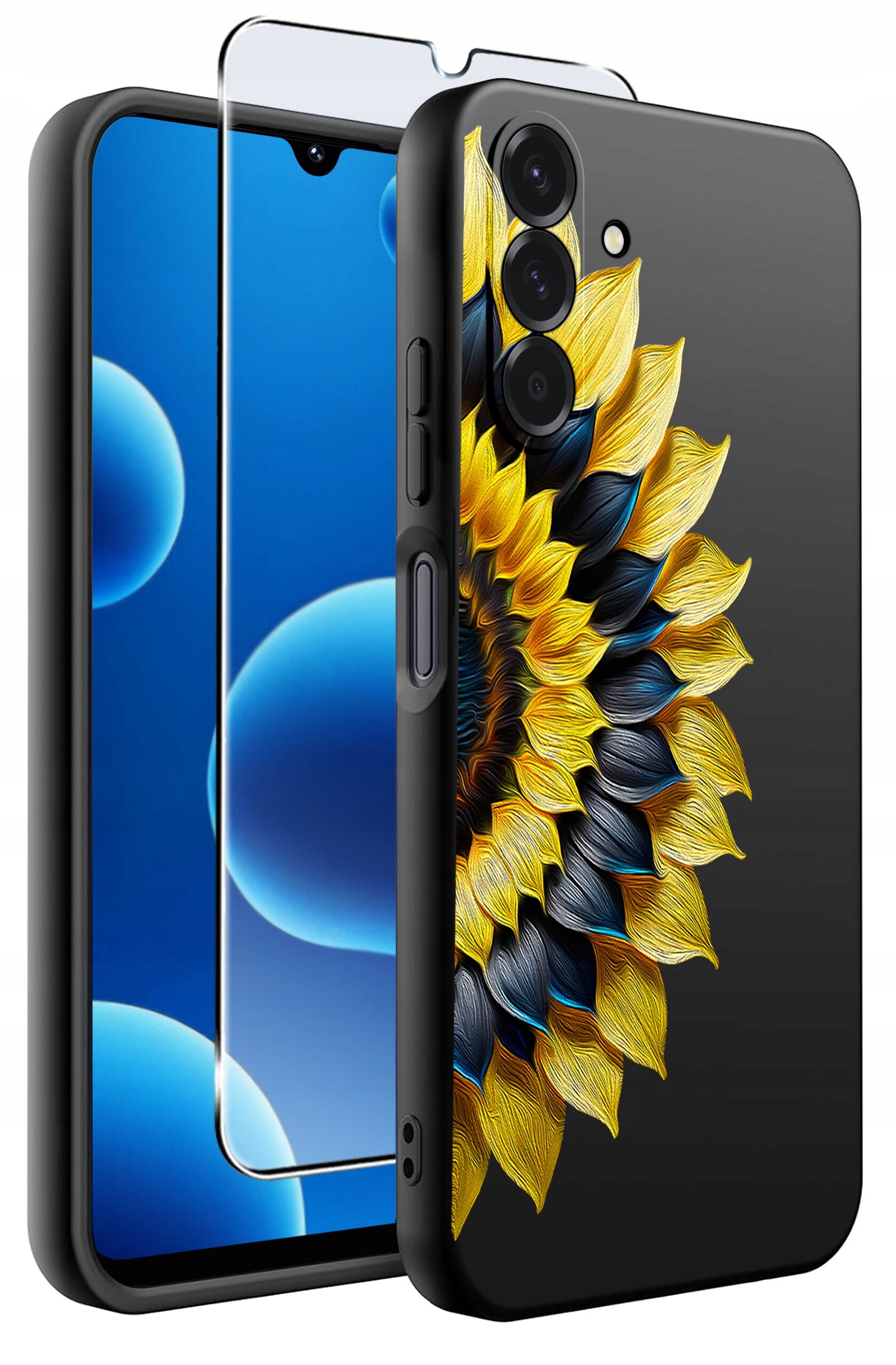 Obraz przedstawia silikonowe etui na telefon z wzorem słonecznika oraz szkło ochronne. Etui ma matowe wykończenie i jest przeznaczone do modelu Samsung A26 5G.