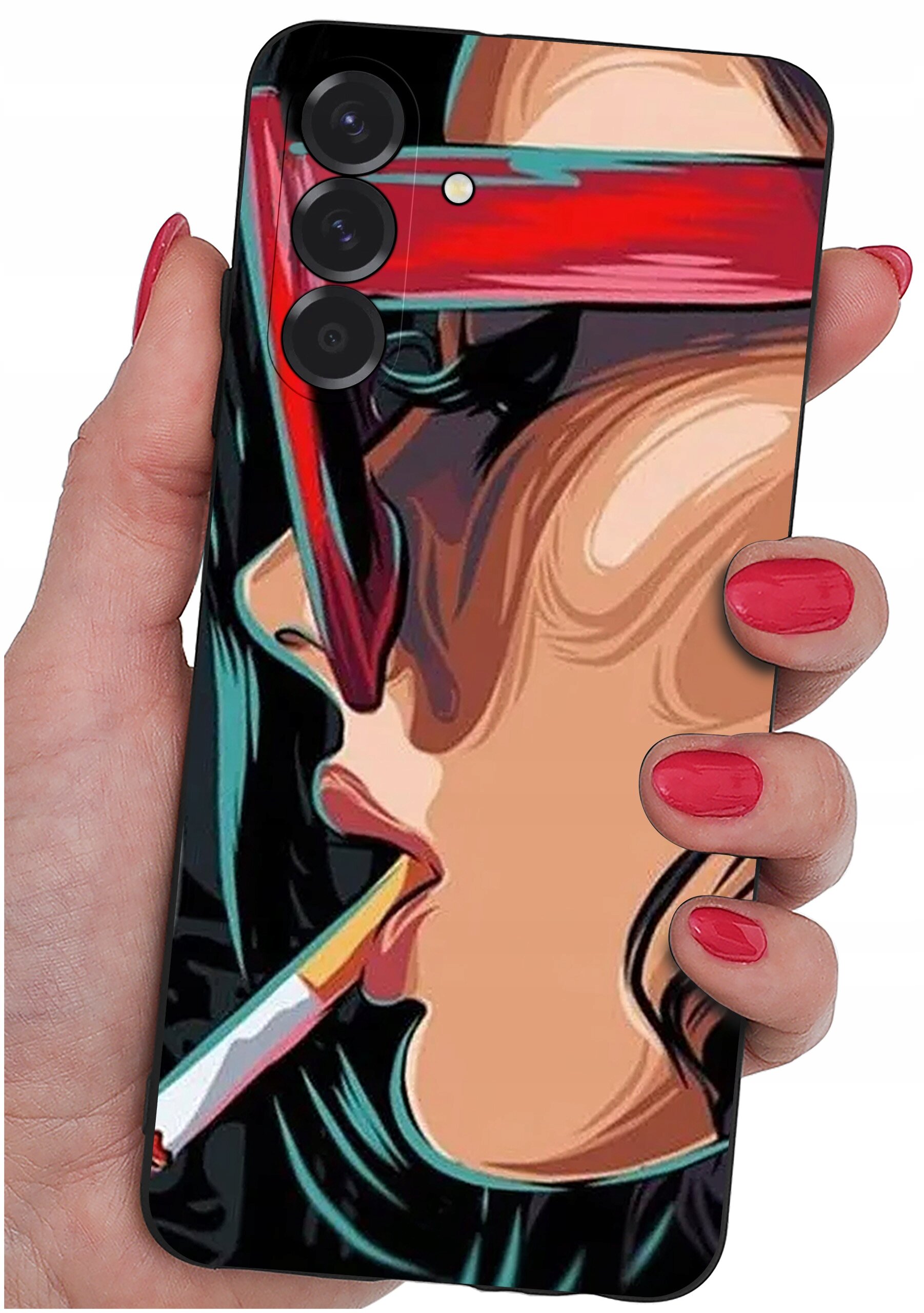 Etui na telefon z kolorowym wzorem przedstawiającym stylizowaną twarz z okularami i papierosem. Etui trzymane jest w dłoni z pomalowanymi na czerwono paznokciami.