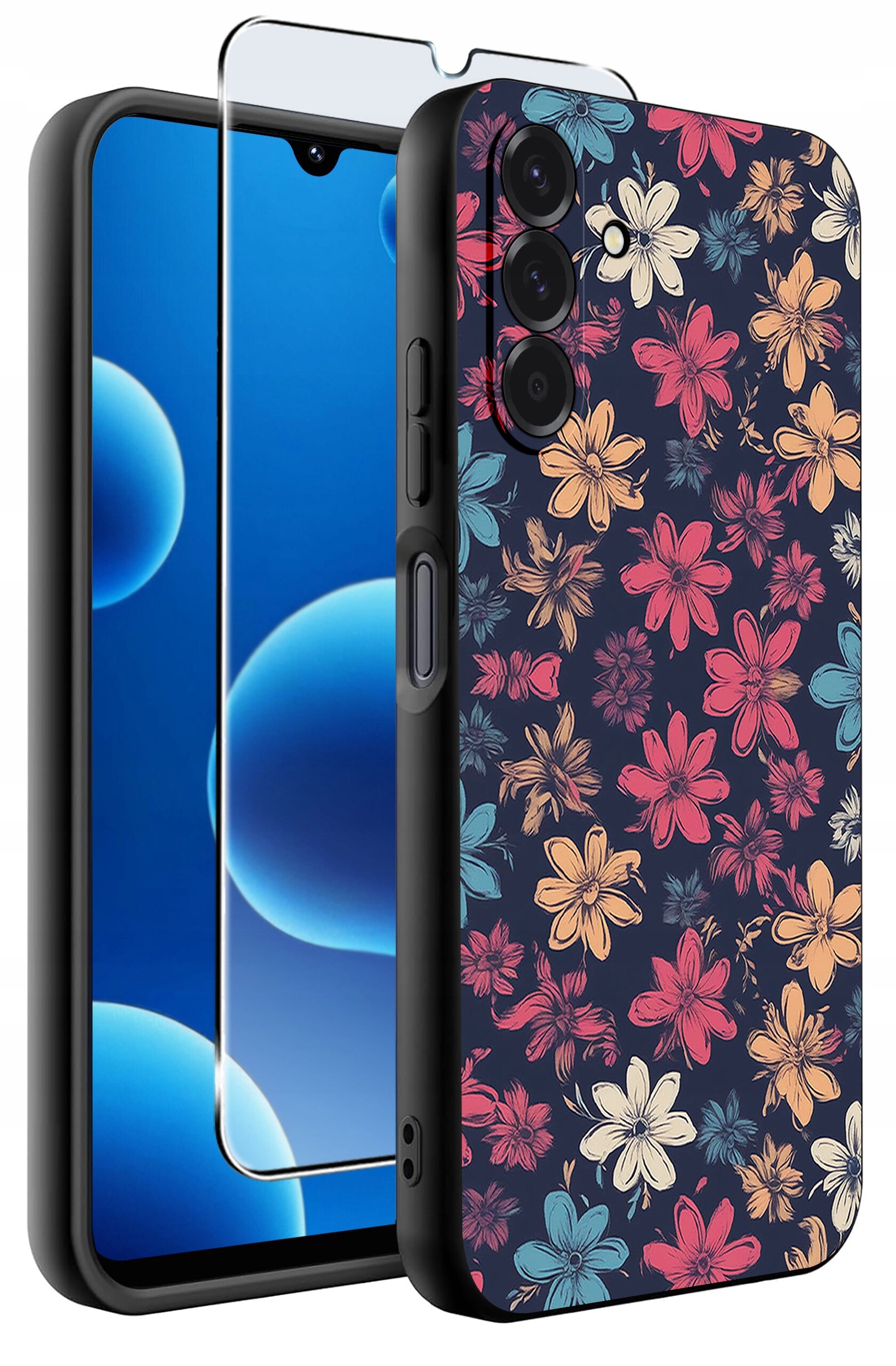 Obraz przedstawia silikonowe etui na telefon z kolorowym wzorem kwiatów oraz szkło ochronne 9H. Etui ma ciemne tło z różnobarwnymi kwiatami w odcieniach czerwieni, pomarańczu i niebieskiego.