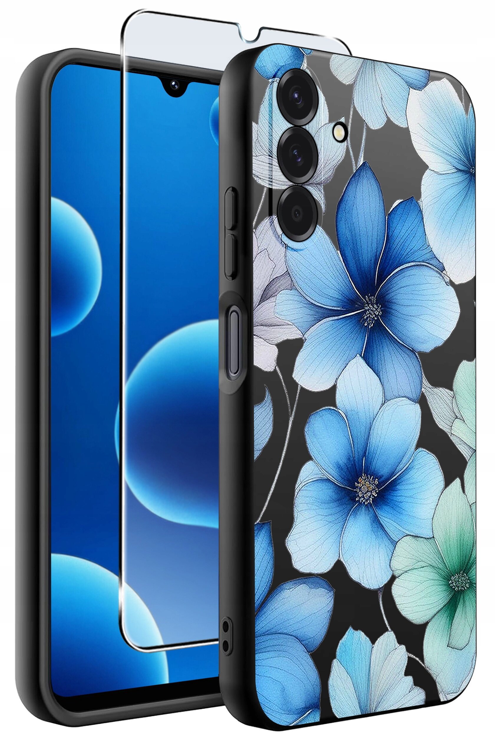 Obraz przedstawia silikonowe etui na telefon z wzorem niebieskich i zielonych kwiatów oraz szkło ochronne 9H. Etui jest przeznaczone do modelu Samsung A26 5G.