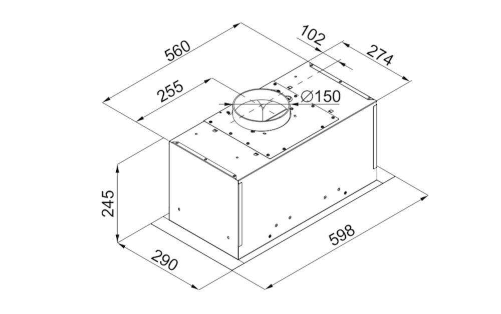 Rysunek techniczny przedstawia wymiary prostokątnego urządzenia z otworem o średnicy 150 mm na górze. Wymiary to 598 mm długości, 290 mm szerokości i 245 mm wysokości.