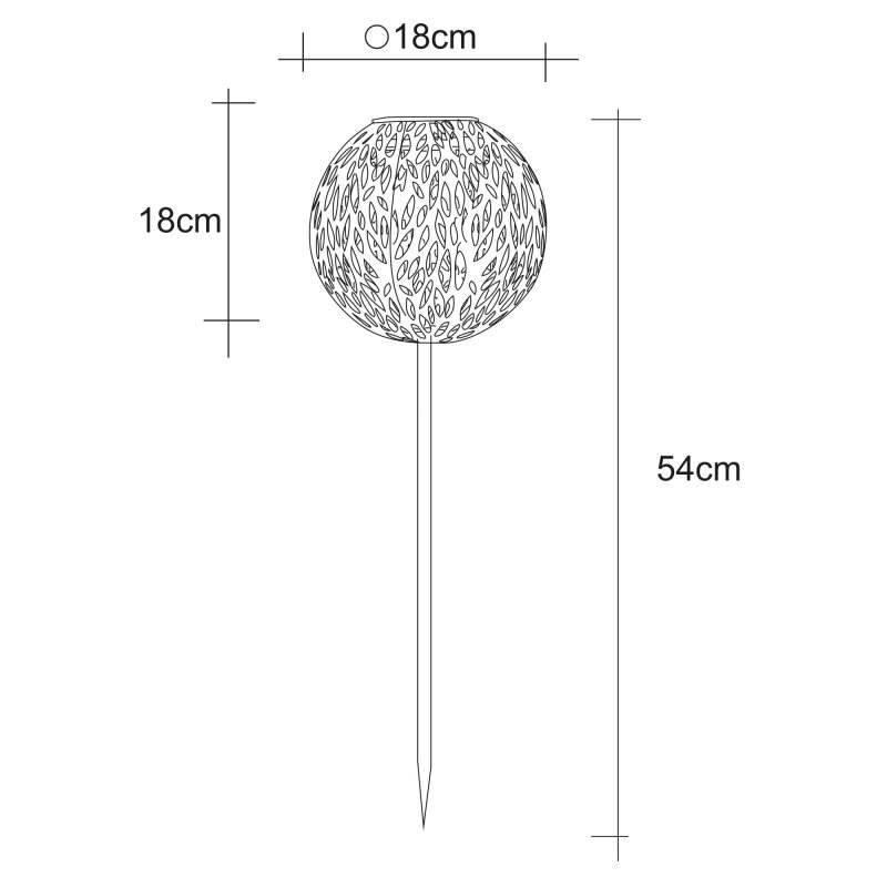 Schemat lampy solarnej z kulistym kloszem o średnicy 18 cm i wysokości całkowitej 54 cm. Klosz ma wzór liści, a lampa jest przeznaczona do ogrodu i podjazdu.