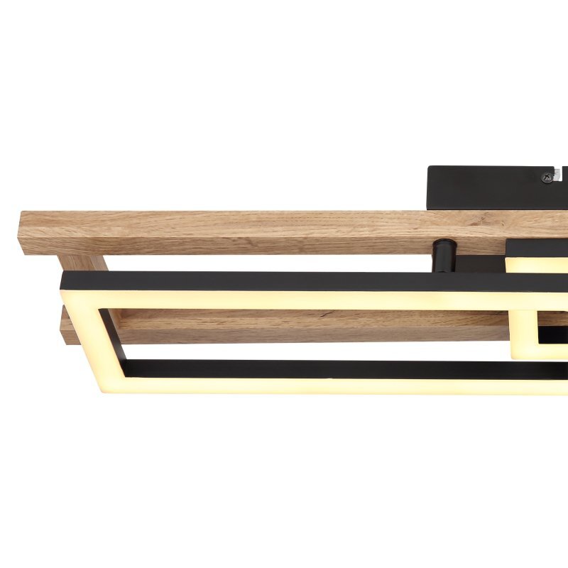 Lampa sufitowa LED z prostokątnymi elementami w kolorze czarnym i brązowym, wykonana z MDF. Emituje ciepłe, żółtawe światło.