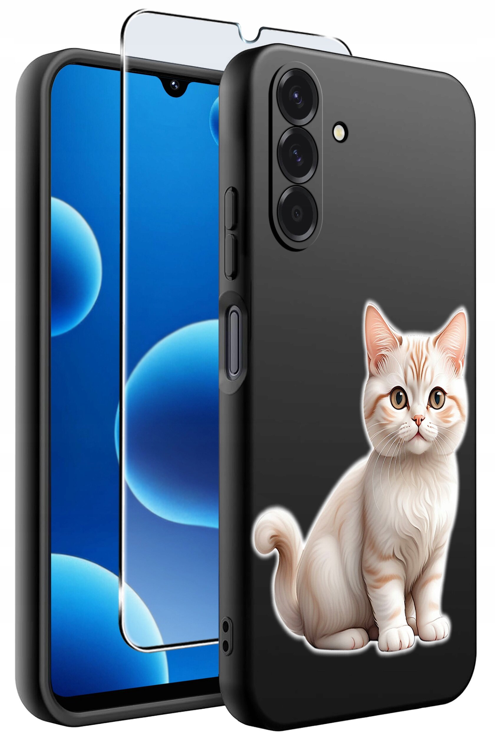 Na obrazie widoczne jest czarne silikonowe etui na telefon z nadrukiem kota oraz szkło ochronne. Etui ma wycięcia na przyciski i aparat.
