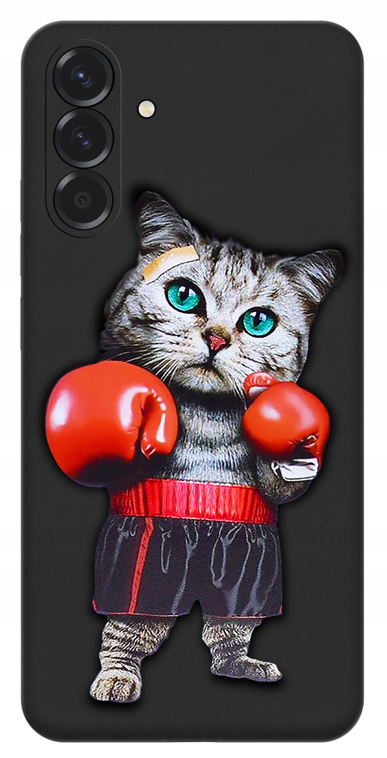 Etui na telefon z nadrukiem kota w rękawicach bokserskich i spódniczce. Tło etui jest czarne, a kot ma zielone oczy i czerwone rękawice.