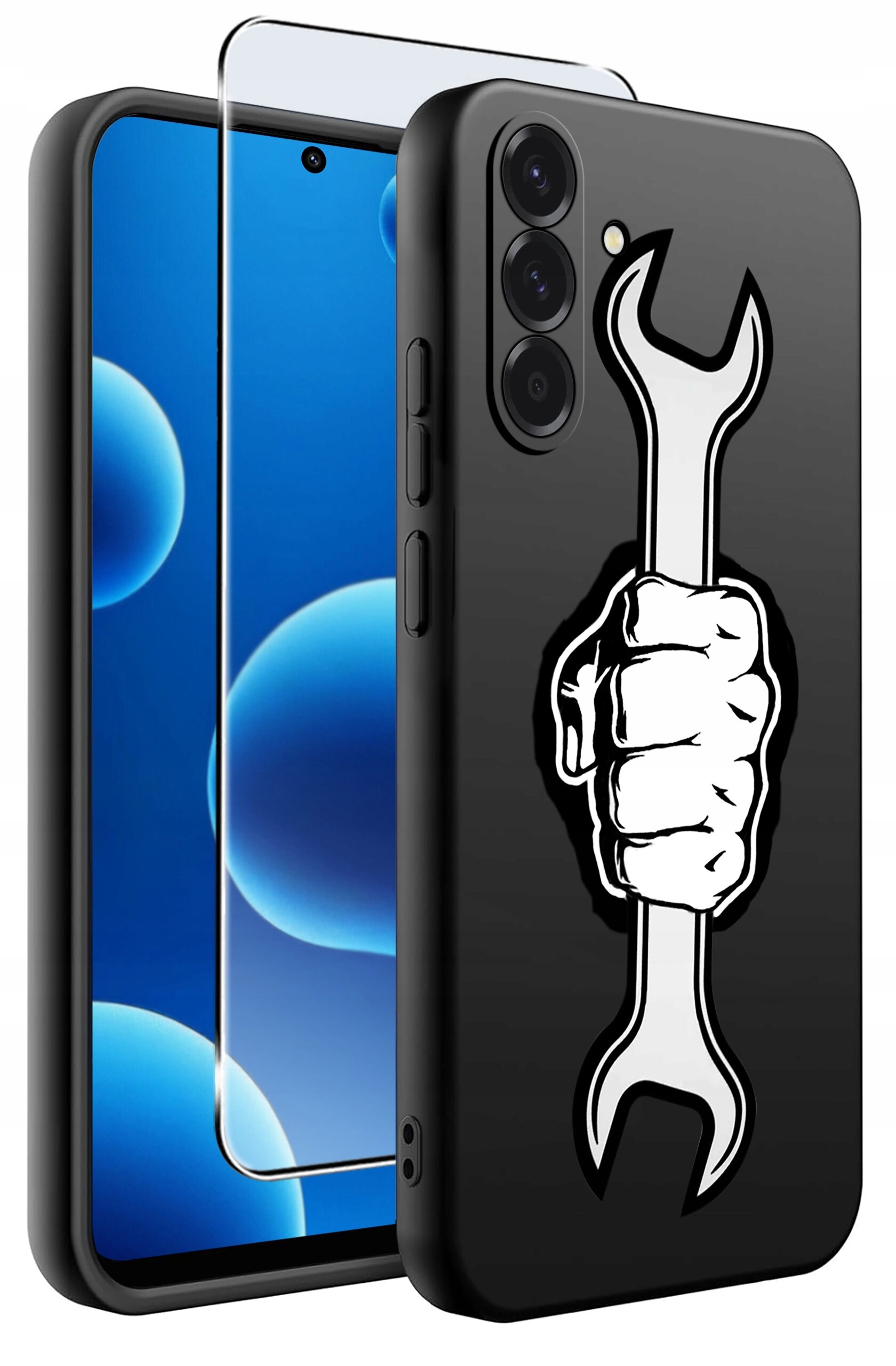Czarne silikonowe etui na telefon z nadrukiem białej dłoni trzymającej klucz. Obok etui znajduje się szkło ochronne na ekran.