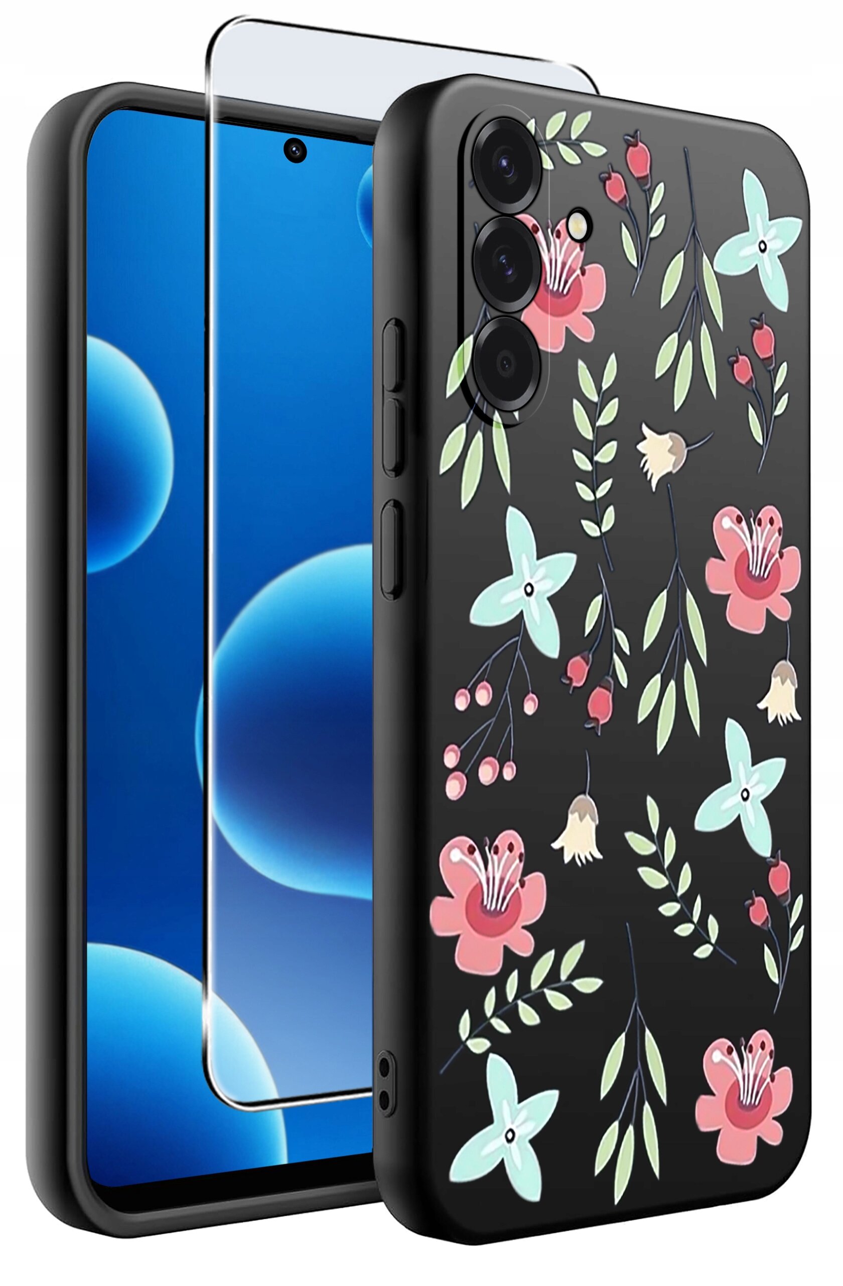 Na obrazie widoczne jest silikonowe etui na telefon z kolorowym wzorem kwiatowym oraz szkło ochronne. Etui ma czarne tło z różowymi i niebieskimi kwiatami oraz zielonymi liśćmi.