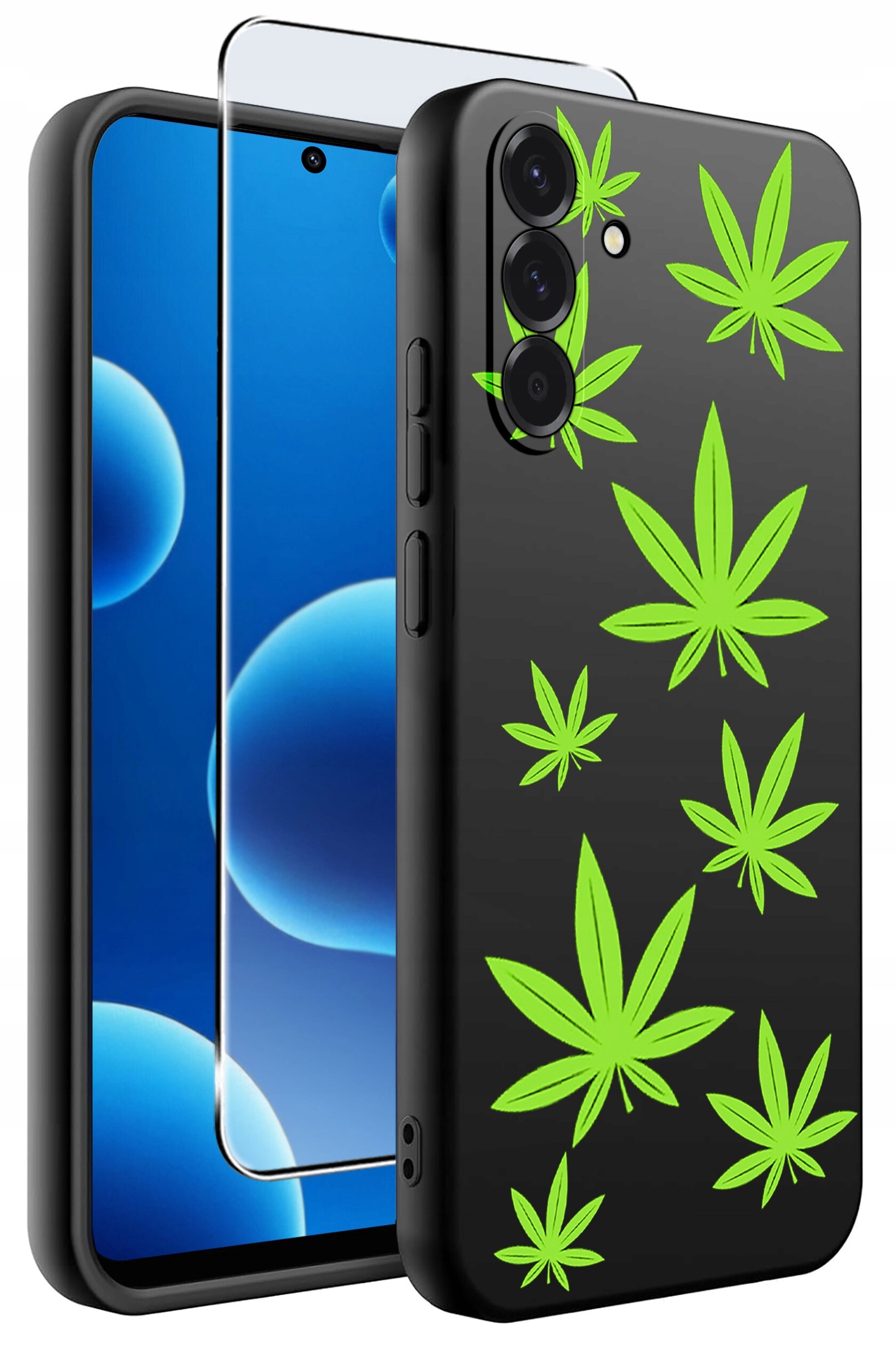Czarne etui na telefon z zielonymi wzorami liści oraz przezroczyste szkło ochronne na ekran. Etui posiada wycięcia na aparat i przyciski boczne.