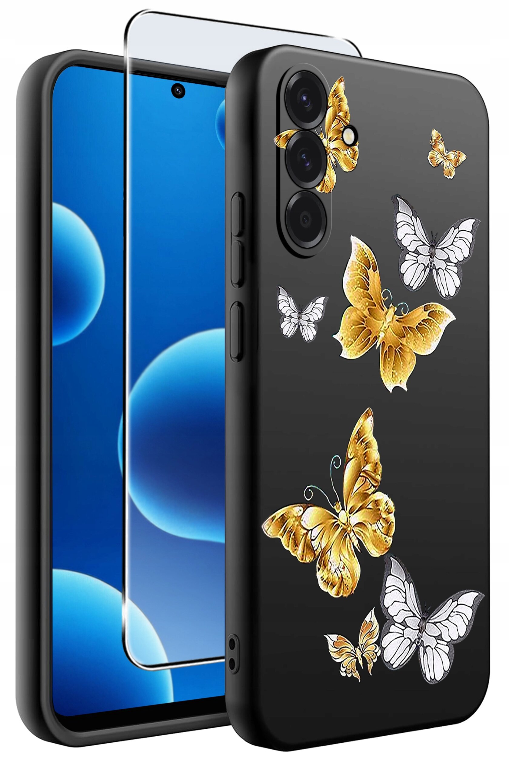 Czarne etui na telefon z wzorem kolorowych motyli oraz przezroczyste szkło ochronne. Etui ma wycięcia na przyciski i aparat.