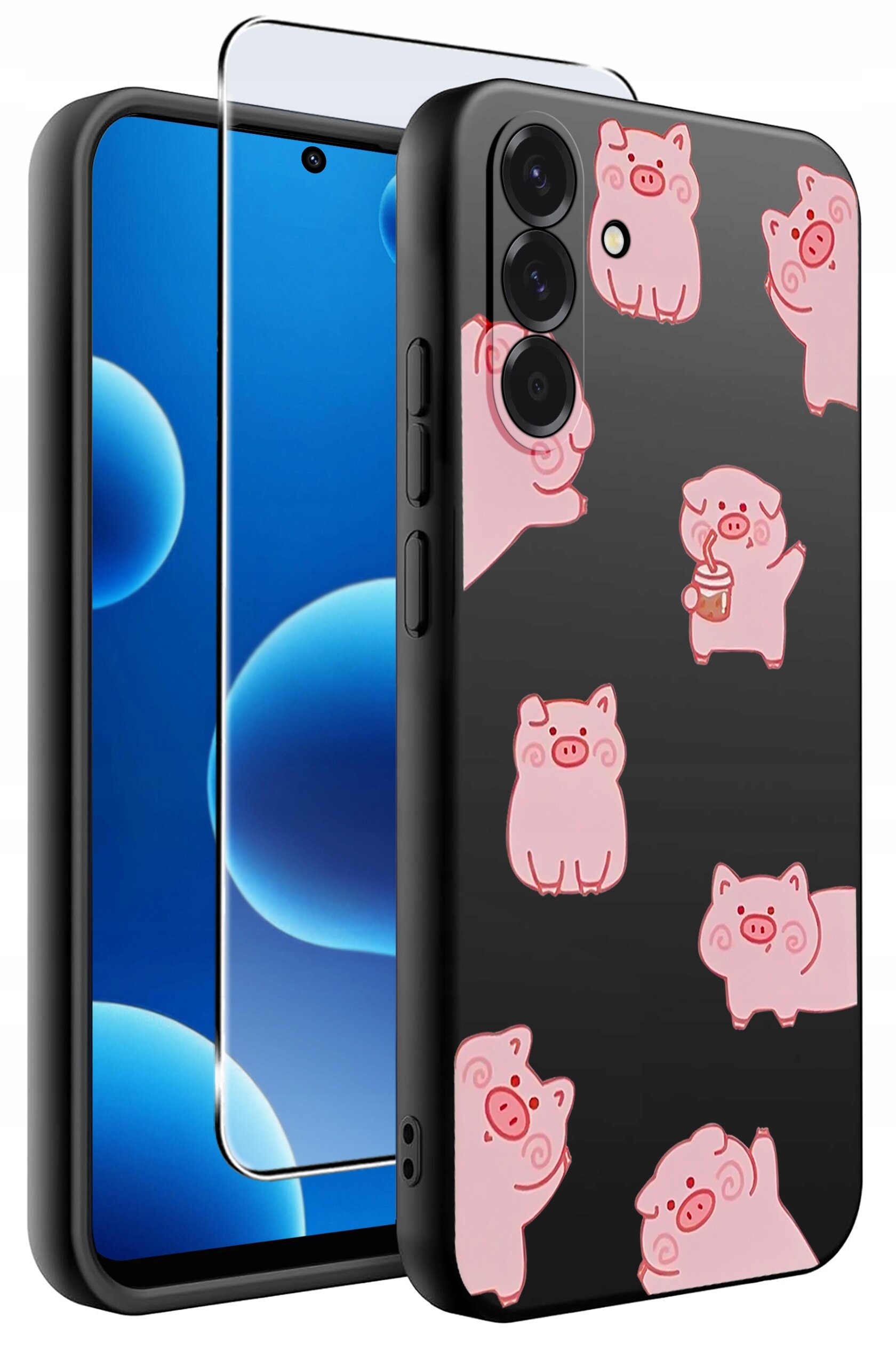 Etui na telefon z czarnym tłem ozdobione różowymi grafikami świnek oraz przezroczyste szkło ochronne. Etui posiada wycięcia na aparat i przyciski boczne.