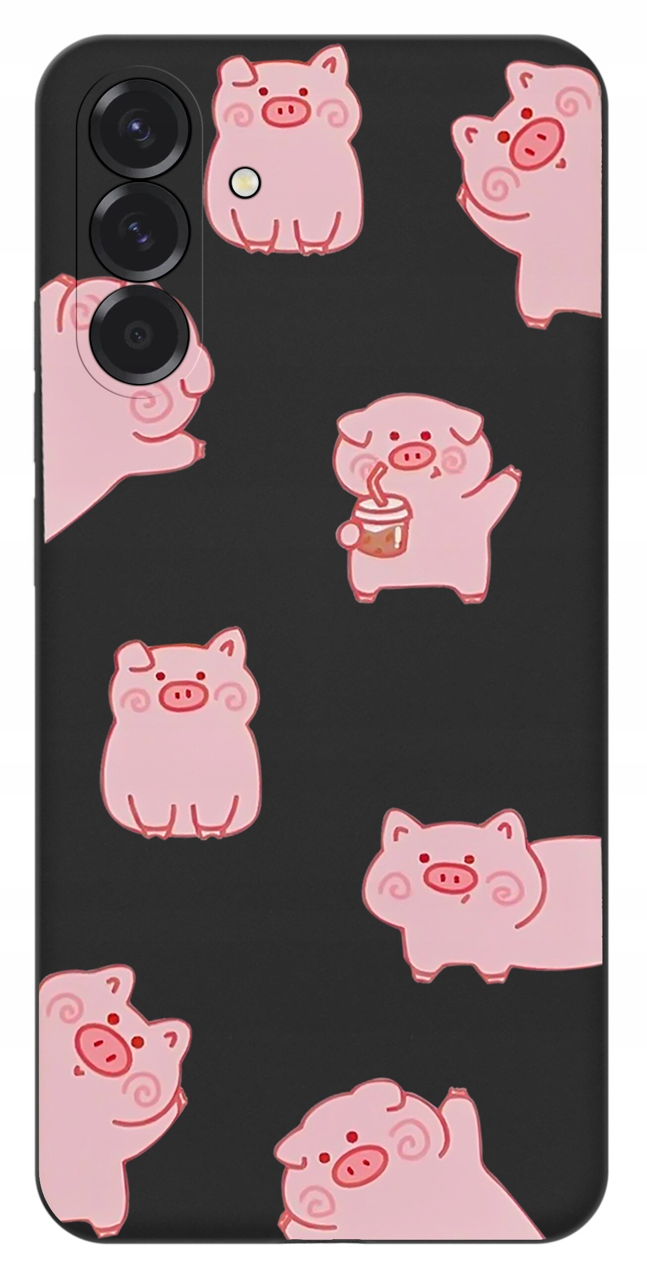 Etui na telefon z czarnym tłem ozdobione różowymi grafikami świnek w różnych pozach. Widoczne są trzy otwory na aparaty i jeden na lampę błyskową.
