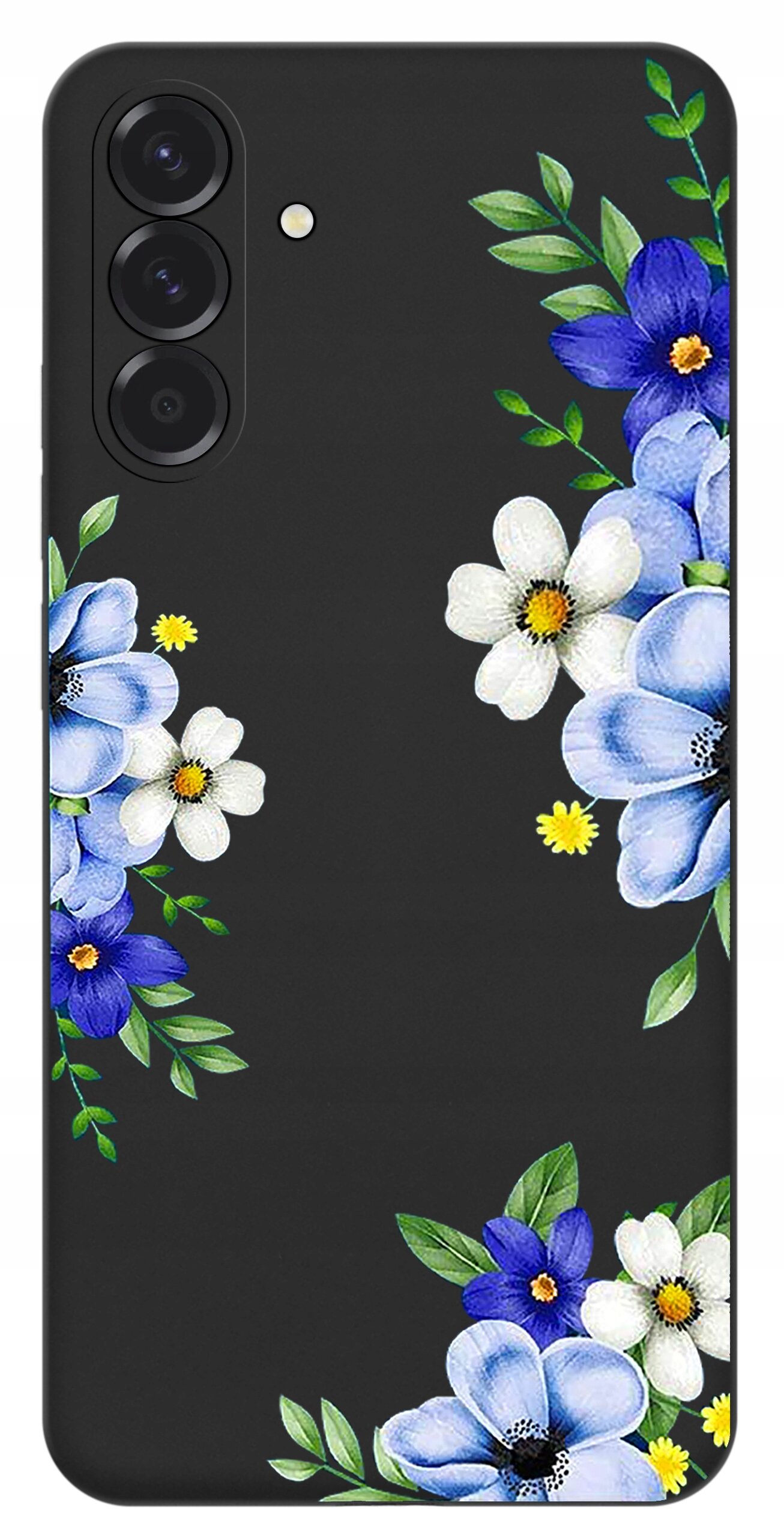 Etui na telefon z czarnym tłem ozdobione wzorem kwiatowym w odcieniach niebieskiego, białego i zielonego. Widoczne są trzy otwory na aparaty oraz jeden na lampę błyskową.