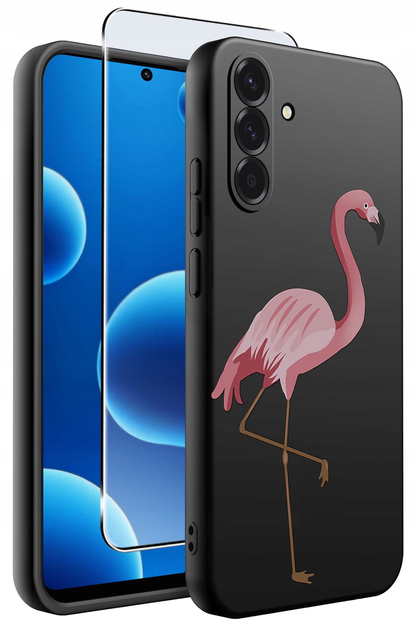 Czarne silikonowe etui na telefon z nadrukiem różowego flaminga oraz szkło ochronne na ekran. Etui posiada wycięcia na aparat i przyciski boczne.