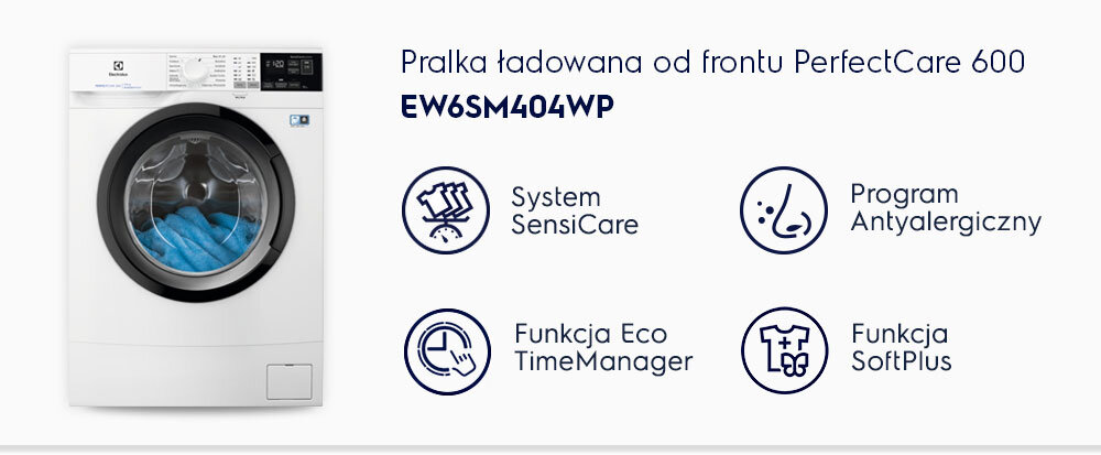 Obraz przedstawia pralkę ładowaną od frontu z serii PerfectCare 600, model EW6SM404WP. Obok pralki znajdują się ikony z opisami: System SensiCare, Program Antyalergiczny, Funkcja Eco TimeManager, Funkcja SoftPlus.